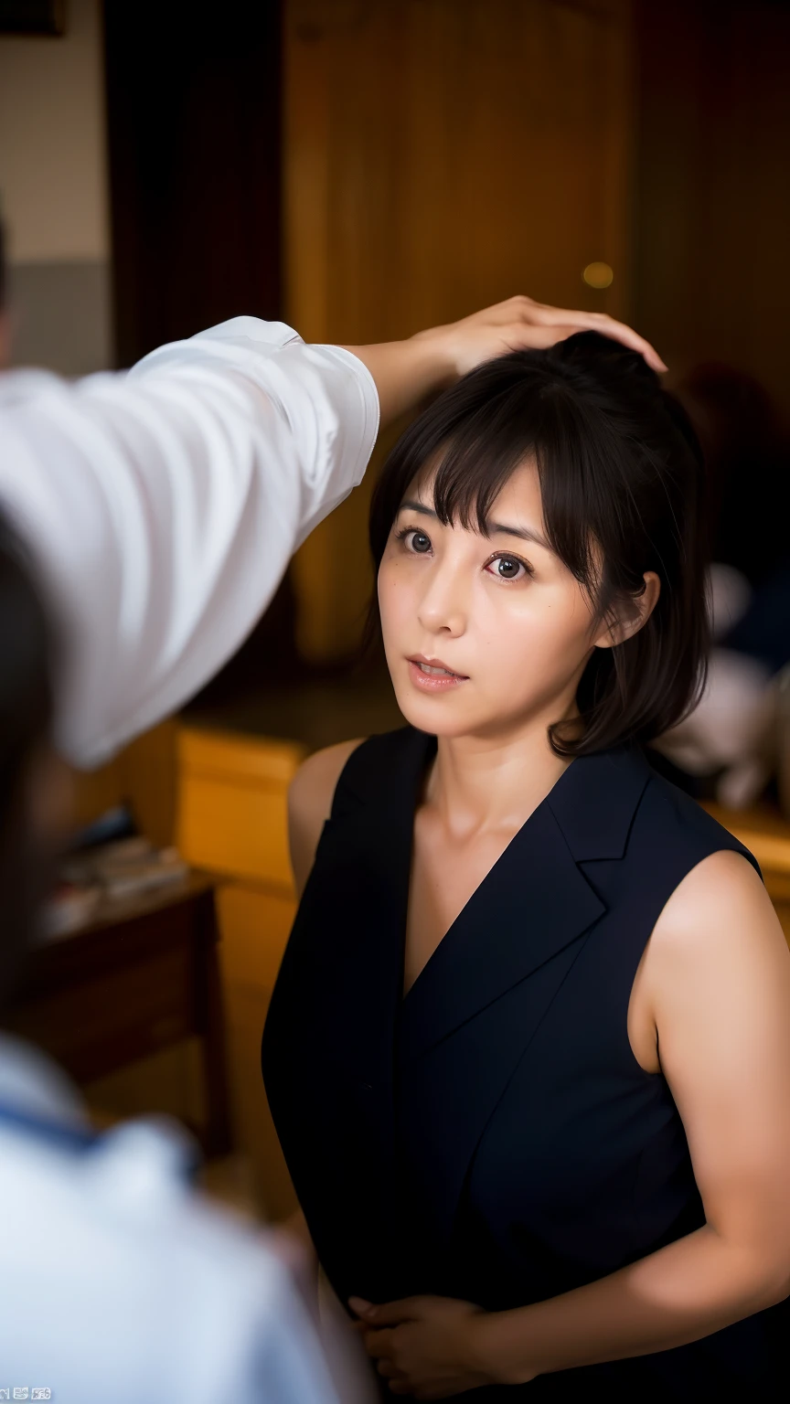 composition:Take pictures from very far away and out of focus, illumination ：very dark, human：A Japanese mature woman surrounded by middle-aged men, she is being stripped of her sailor uniform