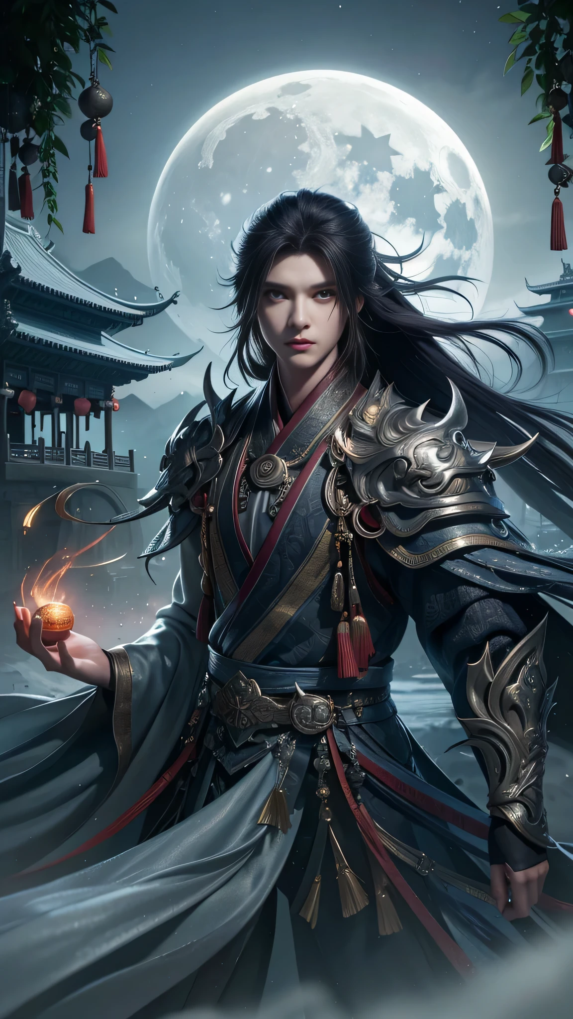 Arafad is depicted as a man wearing a full moon costume，Holding a glowing ball in his hand, Beautiful male god of death, Chinese fantasy, Graphic artist Magalivilleneuve, digital fantasy art ), author：Yang Jie, full body martial arts, 2. 5D CGI anime fantasy artwork, 4k fantasy art, High quality fantasy art, dark fantasy art, Epic and beautiful character art