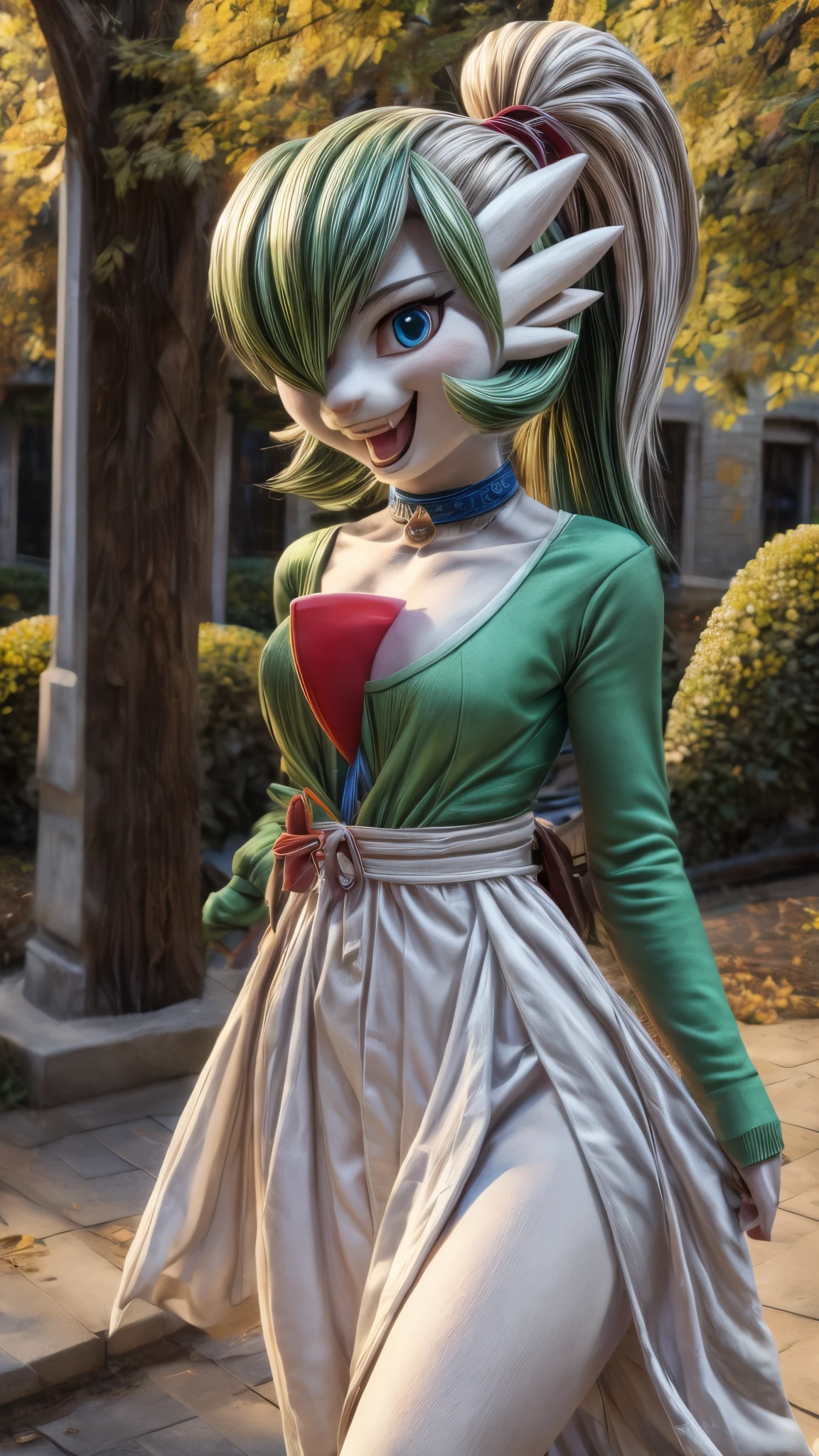 (best quality,4k,8k,highres,masterpiece:1.2),ultra-detailed, Gardevoir as a College Girl walking around college campus, strutting her stuff, Smiling and laughing, Flirting with the viewer, Pokémon, Pokémon (game), game freak, nintendo, (porcelain skin), blue eyes, (hair green), (messy hair in a ponytail), HDR, 8k, absurdres, cinestill 800, sharp focus, add_detail:3 (solo woman) Tenchan