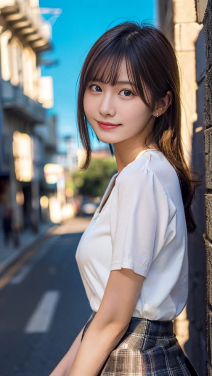(highest quality,masterpiece:1.3,ultra high resolution),(Super detailed,caustics,8K),(realistic:1.4,RAW shooting),1 girl,(smile and look down at the camera),(front shot:1.1),(look forward),20-year-old,cute,Japanese,glamorous,(small tits),( close),(chest focus),street,sunlight,Natural light,(Backlight),(A bright light shines from behind),(Lens flare),professional writing,(cowboy shot),(low position:1.3),(Low - Angle:1.3),mini skirt,trendy fashion,full body shot