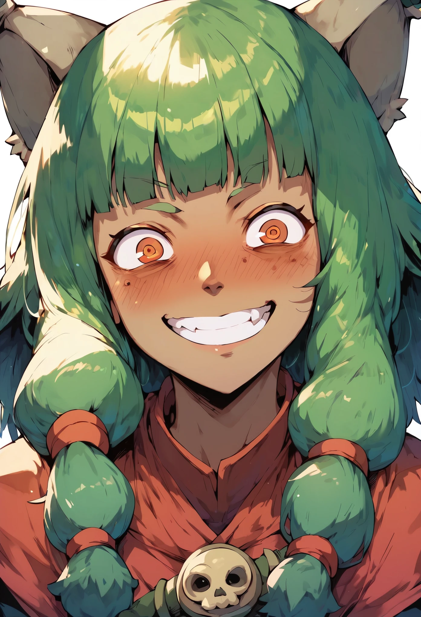 score_9, score_8_up, score_7_up, score_6_up, Masterpiece,8k,wakfu,1girl,solo,looking at viewer,blush,smile,green hair,teeth,grin,constricted pupils,