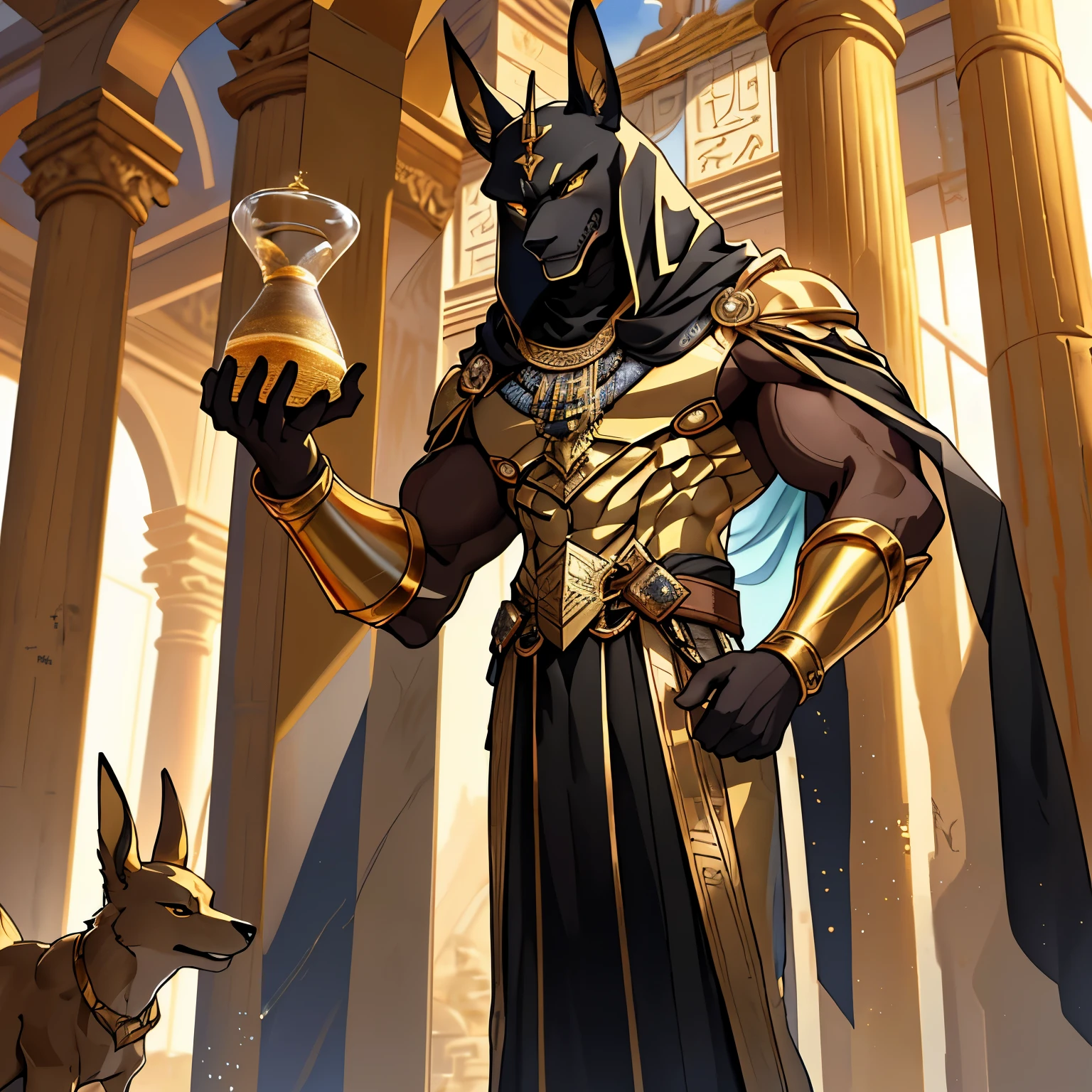 Dios Anubis, holding a sand hourglass, high-quality animated drawing, golden attire,
The ancient Egyptian god Anubis is depicted in this exquisitely crafted animated image. He stands tall and stately, his muscular form clad in shiny golden vestments that shimmer and gleam in the ethereal light. In his hands, Anubis cradles a golden sand hourglass, its grains of sand slowly slipping away, representing the passage of time. The details of Anubis's chiseled features are rendered with meticulous precision, from the thick curls of his once-black hair, now turned a sinister silver, to the intric