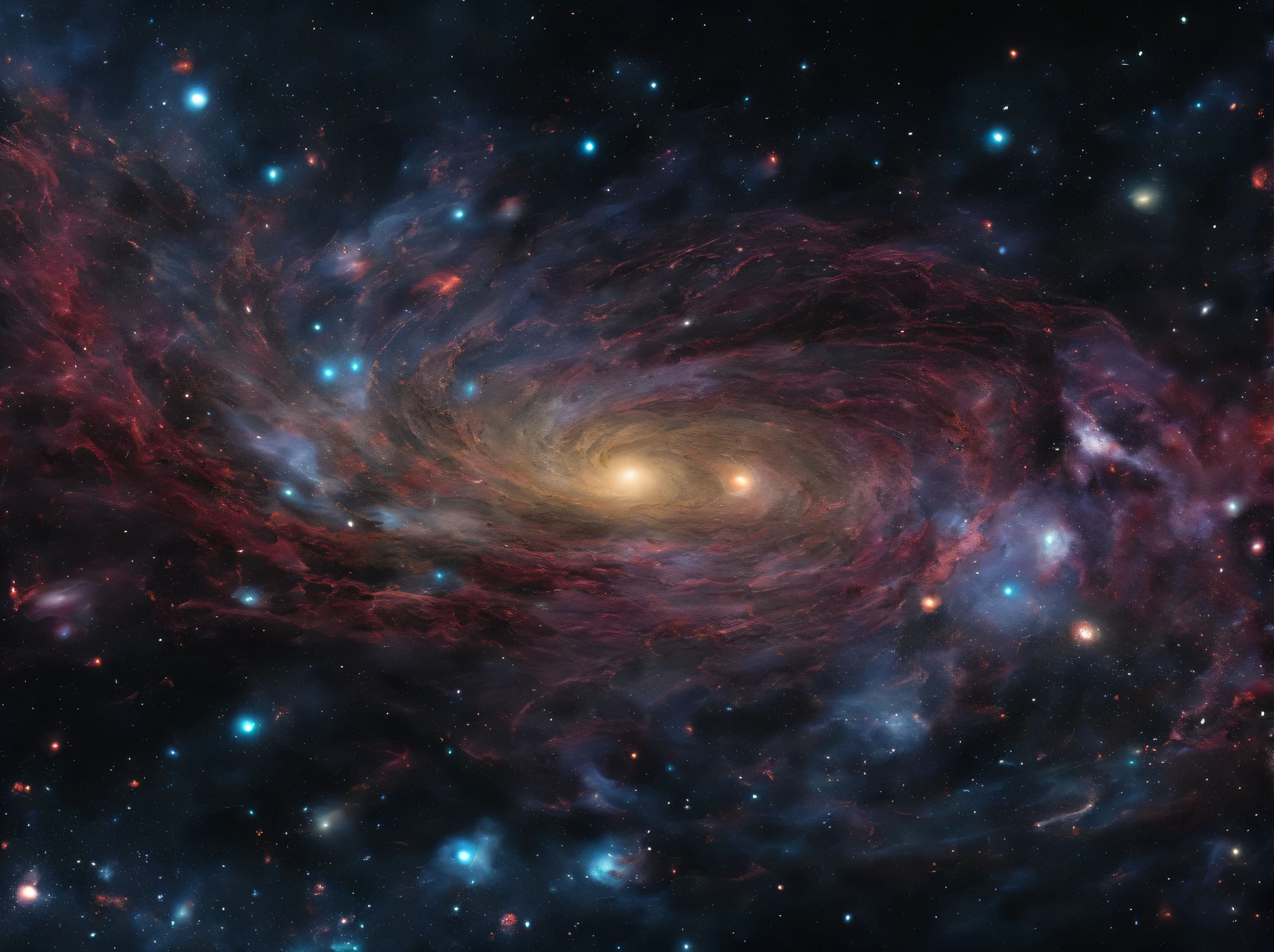 Detailed image of a galaxy, very detailed, mostly black, punctuated by colour, spiral galaxy, lots of stars