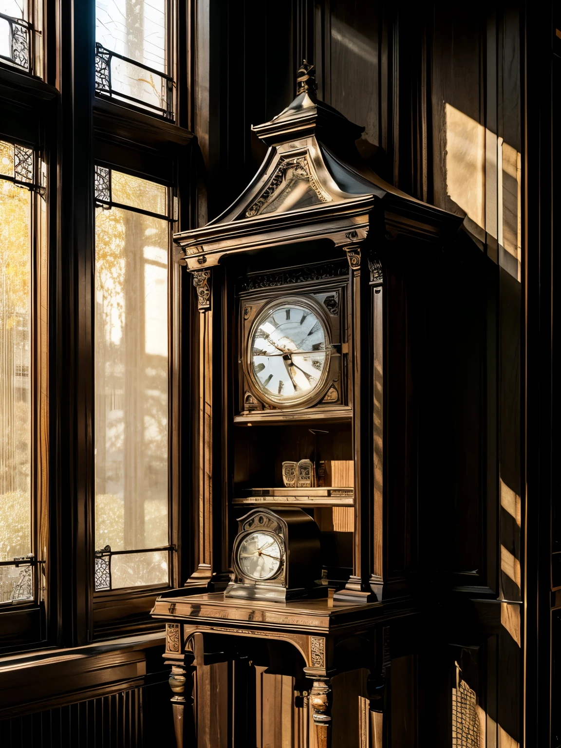 masterpiece，best quality，old desk clock，Gothic，brown，White dial，Black hands，indoor，Dusky light，afternoon sunshine