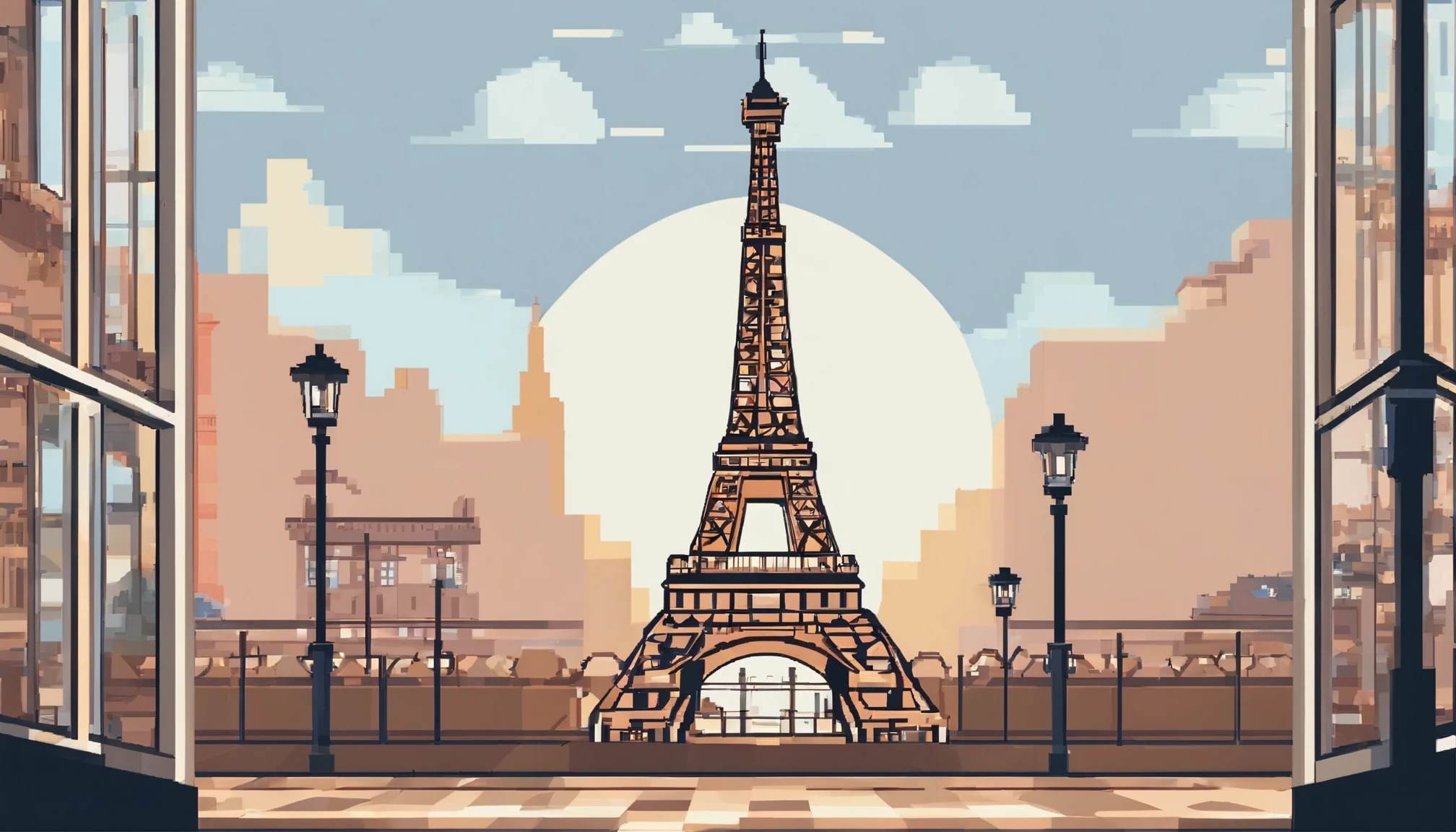 Crie uma imagem pixelada da Torre Eiffel em Paris, highlighting its iconic silhouette and structure details.