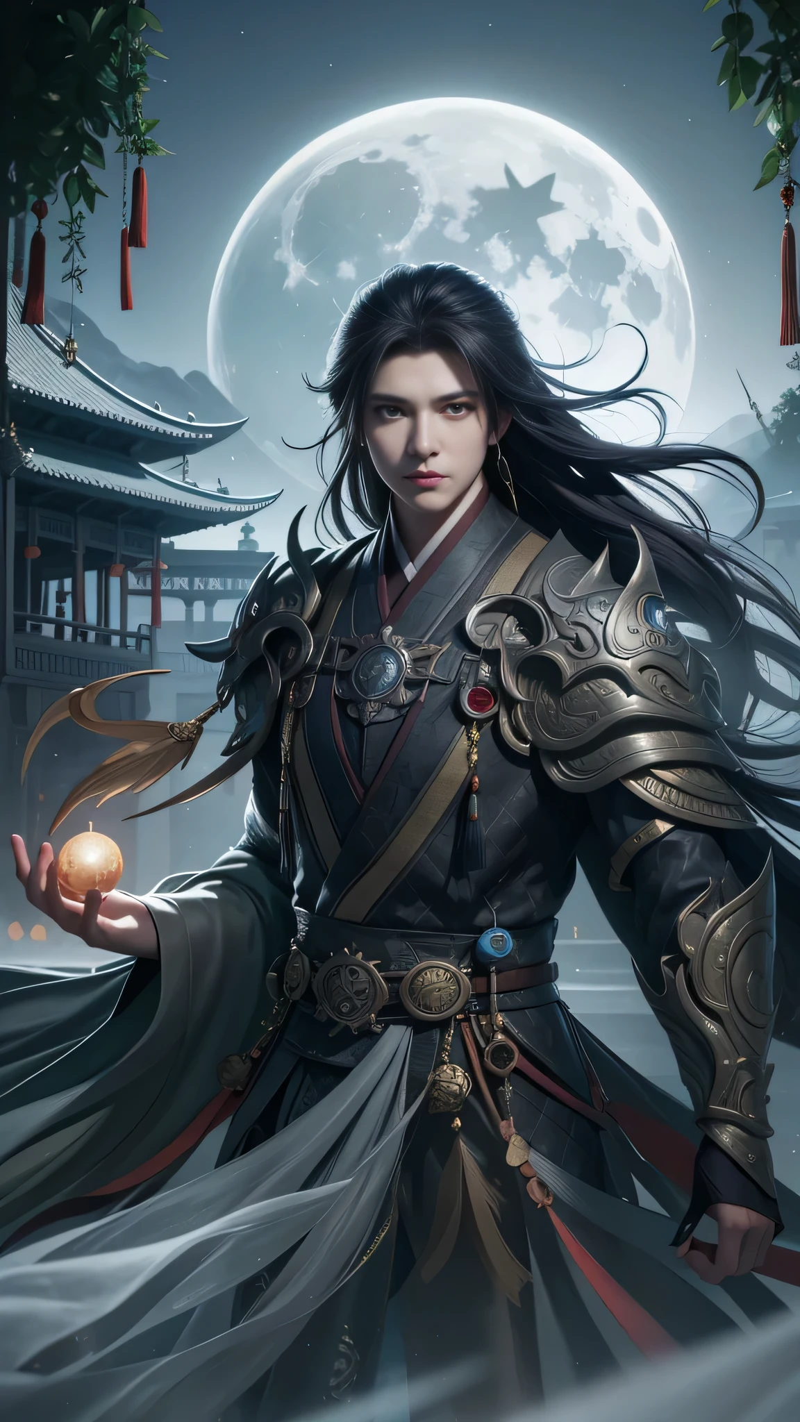 Arafad is depicted as a man wearing a full moon costume，Holding a glowing ball in his hand, Beautiful male god of death, Chinese fantasy, Graphic artist Magalivilleneuve, digital fantasy art ), author：Yang Jie, full body martial arts, 2. 5D CGI anime fantasy artwork, 4k fantasy art, High quality fantasy art, dark fantasy art, Epic and beautiful character art