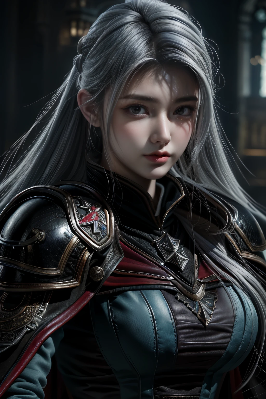 tmasterpiece,Best quality at best,A high resolution,8K,((Portrait)),(Head close-up),Original photo,real photograph,digital photography,(Female adventurers in the medieval fantasy style),(Female medieval adventurers),25 years old woman,(Inky blue gradation of hair),Short white hair,red eyes,(White and gray gradient long hair,The white),(Big breasts),An extravagant ornament,cparted lips,Keep your mouth shuegant and charming,((Frown)),Serious and arrogant,Calm and handsome,(Medieval leather in a fantastic style,Joint Armor,Cloak,Animal Skin Armor,Coat),Photo pose,medieval characteredieval fantasy style,City background at night,oc render reflection texture