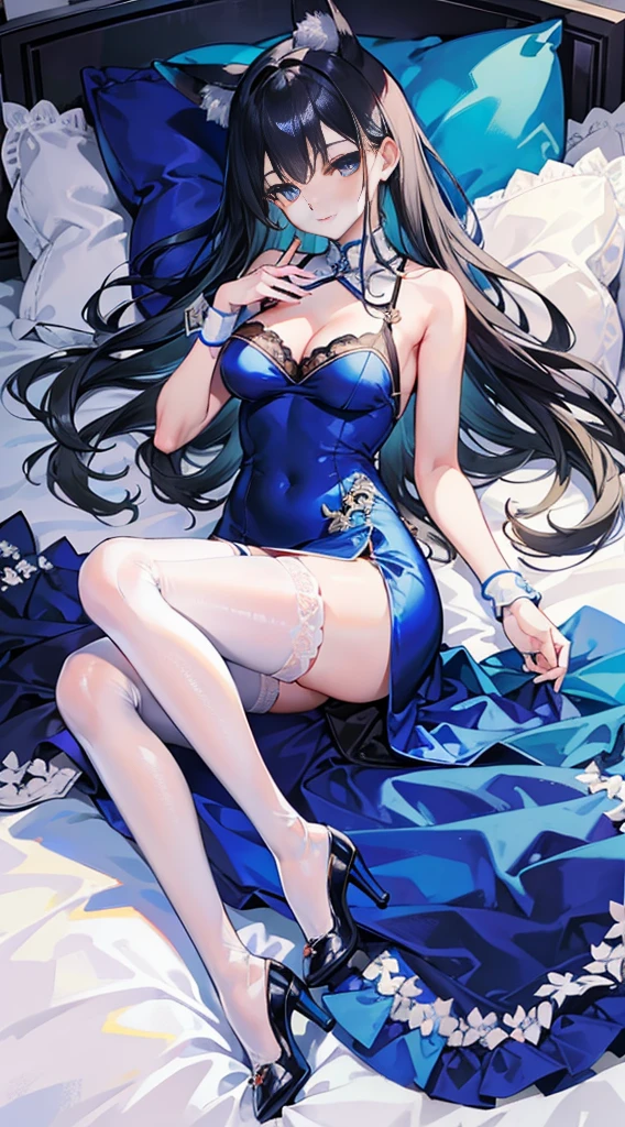 masterpiece, top quality, 1 girl,fox ears,handcuffs,collar,extremely detailed faces,Legs wearing white stockings with lace edges, blue cheongsam, blue dress, A little cleavage, Shoulder, High heel, black hair, Smile, Embroidered dress, Lying in bed,bright bedroom