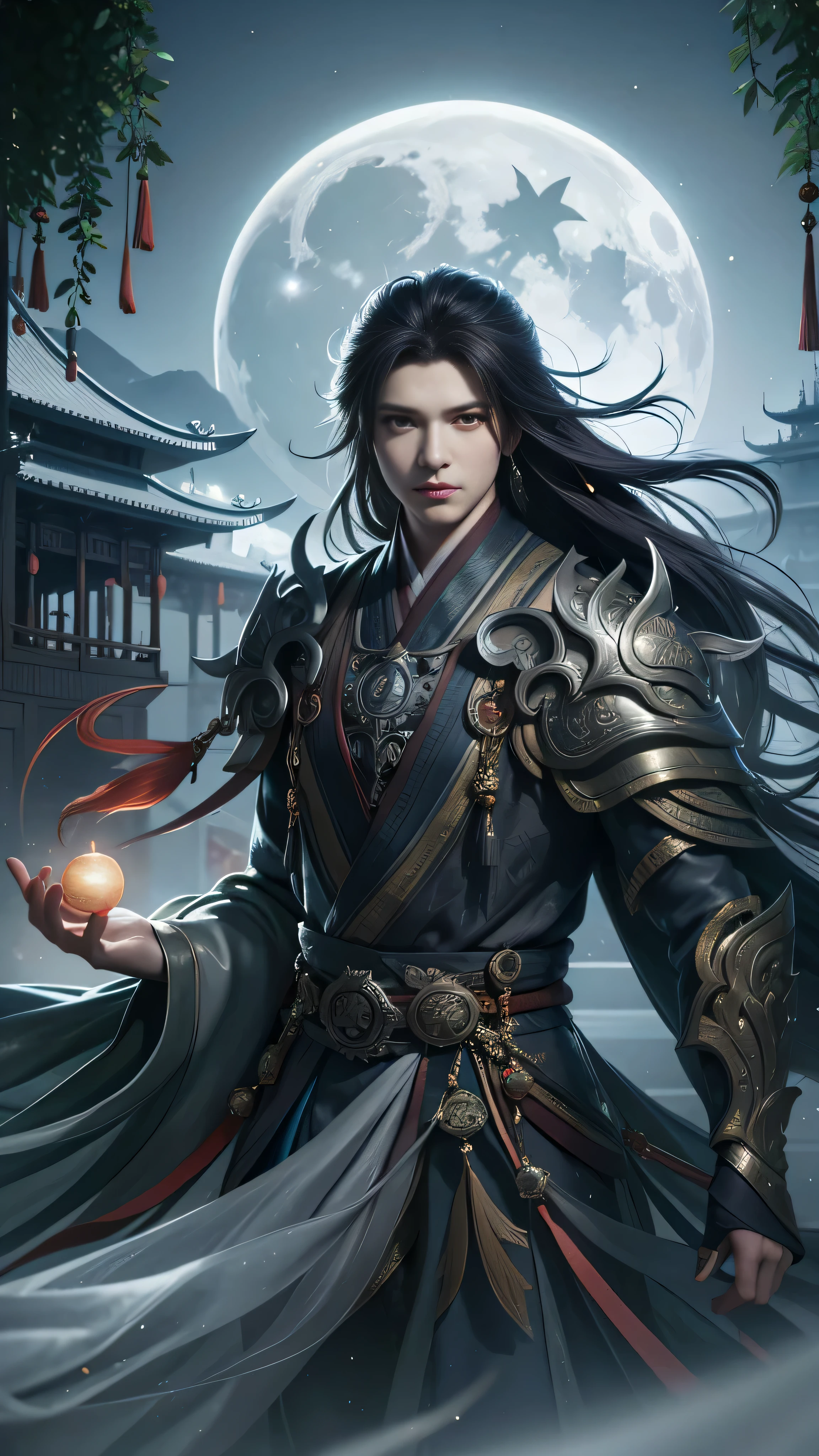 Arafad is depicted as a man wearing a full moon costume，Holding a glowing ball in his hand, Beautiful male god of death, Chinese fantasy, Graphic artist Magalivilleneuve, digital fantasy art ), author：Yang Jie, full body martial arts, 2. 5D CGI anime fantasy artwork, 4k fantasy art, High quality fantasy art, dark fantasy art, Epic and beautiful character art