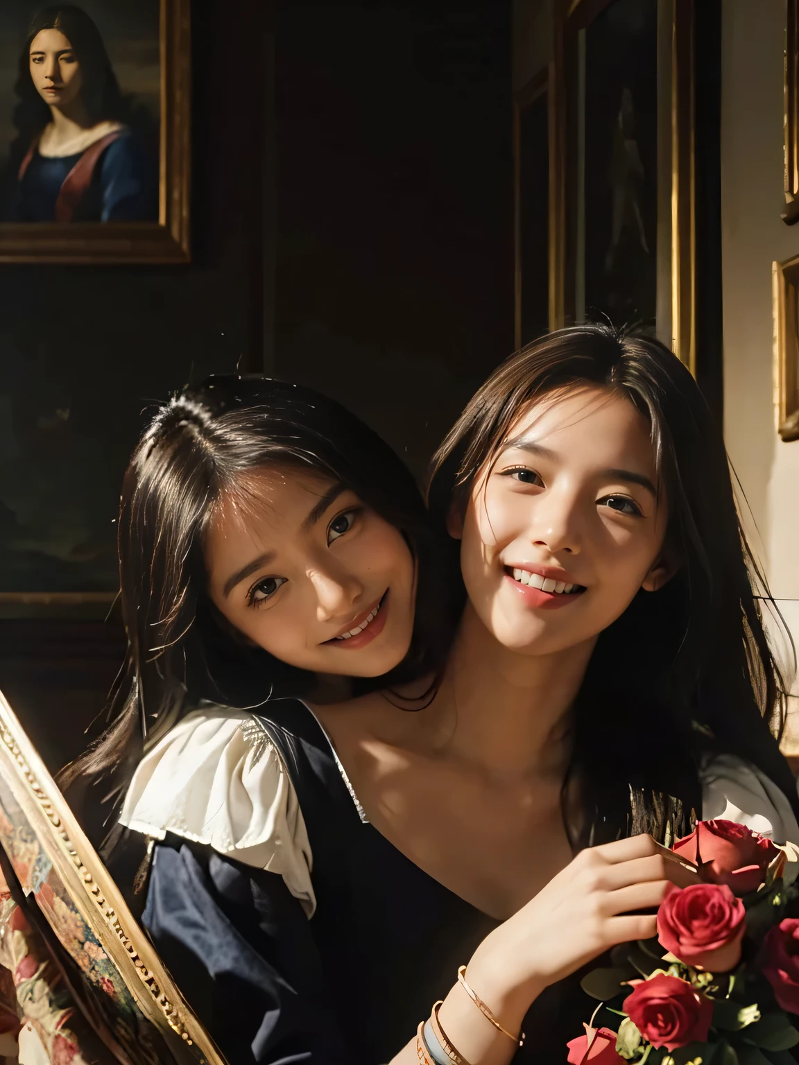 Giorgione painting style,Arguments of two female Philosophe,math、astronomical machine、astronaut、roses in vase、fruits、Cute trinkets、smile、ancient greek costume、Ancient Roman landscape in the style of Nicolas Poussin,laughter,,Sweet and seductive appearance.、Caravaggio's paintings、Chiaroscuro of Caravaggio、hair tousled by the wind,Two women frolicking,cute smile, expression of ecstasy,Sexy,erotic