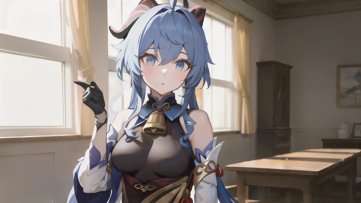 Pieces fly, highest quality, Anime Images, Anime style etc.., Hired \(Genshin Impact\), Sit at the table, View from above, cheeks are bright red,超Embarrassing, dislike,The face of patience,1 girl, Twin Horn, Ticker,Fits your body type, I can see the pussy , blush, Colorful pastel fantasy,Sexy pose,Highly detailed background,High quality scenery,Embarrassing,blushing face,Standing in front of an audience,Sweaty,Crouching pose,Holding in pee,Hold your crotch with your hands