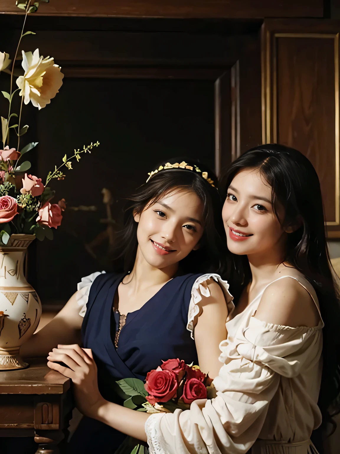 Giorgione painting style,Arguments of two female Philosophe,math、astronomical machine、astronaut、roses in vase、fruits、Cute trinkets、smile、ancient greek costume、Ancient Roman landscape in the style of Nicolas Poussin,laughter,,Sweet and seductive appearance.、Caravaggio's paintings、Chiaroscuro of Caravaggio、hair tousled by the wind,Two women frolicking,cute smile, expression of ecstasy,Sexy,erotic