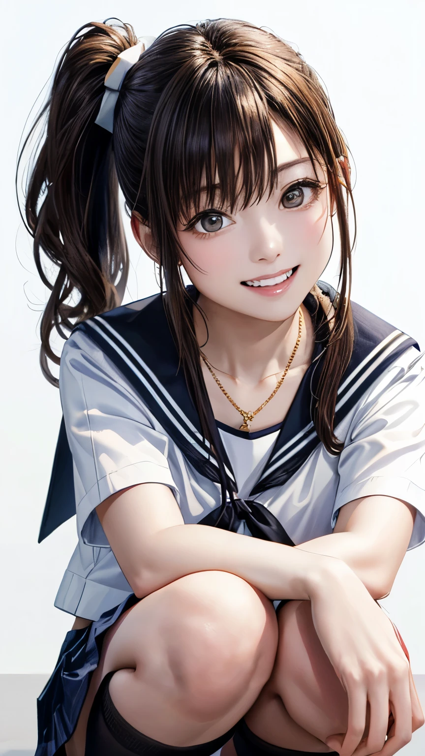 (highest quality、8K、32k、masterpiece)、(realistic)、(Photoreal:1.2)、(High resolution)、Super detailed、very beautiful face and eyes、1 girl、round and small face、thin waist、delicate body、(close、highest quality、high detail、Rich skin details)、(highest quality、8K、oil paint:1.2)、Super detailed、(realistic、realistic:1.37)、bright colors、(((It's golden hair)))、(((bust shot)))、(((long hair)))、(((pure white wall background)))、(((pure white wall background)))、(((wear a sailor suit)))、(((laughter)))、(((Teeth are visible)))、(((side tail hair)))、(((Wearing a short-sleeved sailor suit)))、(((look straight ahead)))、(((Wearing a heart necklace)))、(((she is wearing a sailor suit)))、(((squatting down)))、(((Has a shy look)))、(((plaid pleated skirt)))、(((mini skirt)))、(((I'm wearing black knee socks)))、(((Side ponytail hair)))
