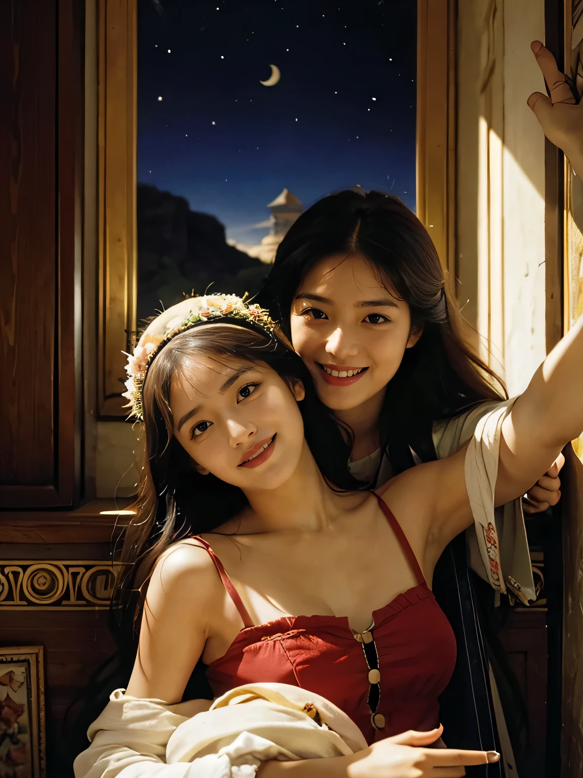 Giorgione painting style,Arguments of two female Philosophe,math、astronomical machine、astronaut、roses in vase、fruits、Cute trinkets、smile、ancient greek costume、Ancient Roman landscape in the style of Nicolas Poussin,laughter,,Sweet and seductive appearance.、Caravaggio's paintings、Chiaroscuro of Caravaggio、hair tousled by the wind,Two women frolicking,cute smile, expression of ecstasy,Sexy,erotic