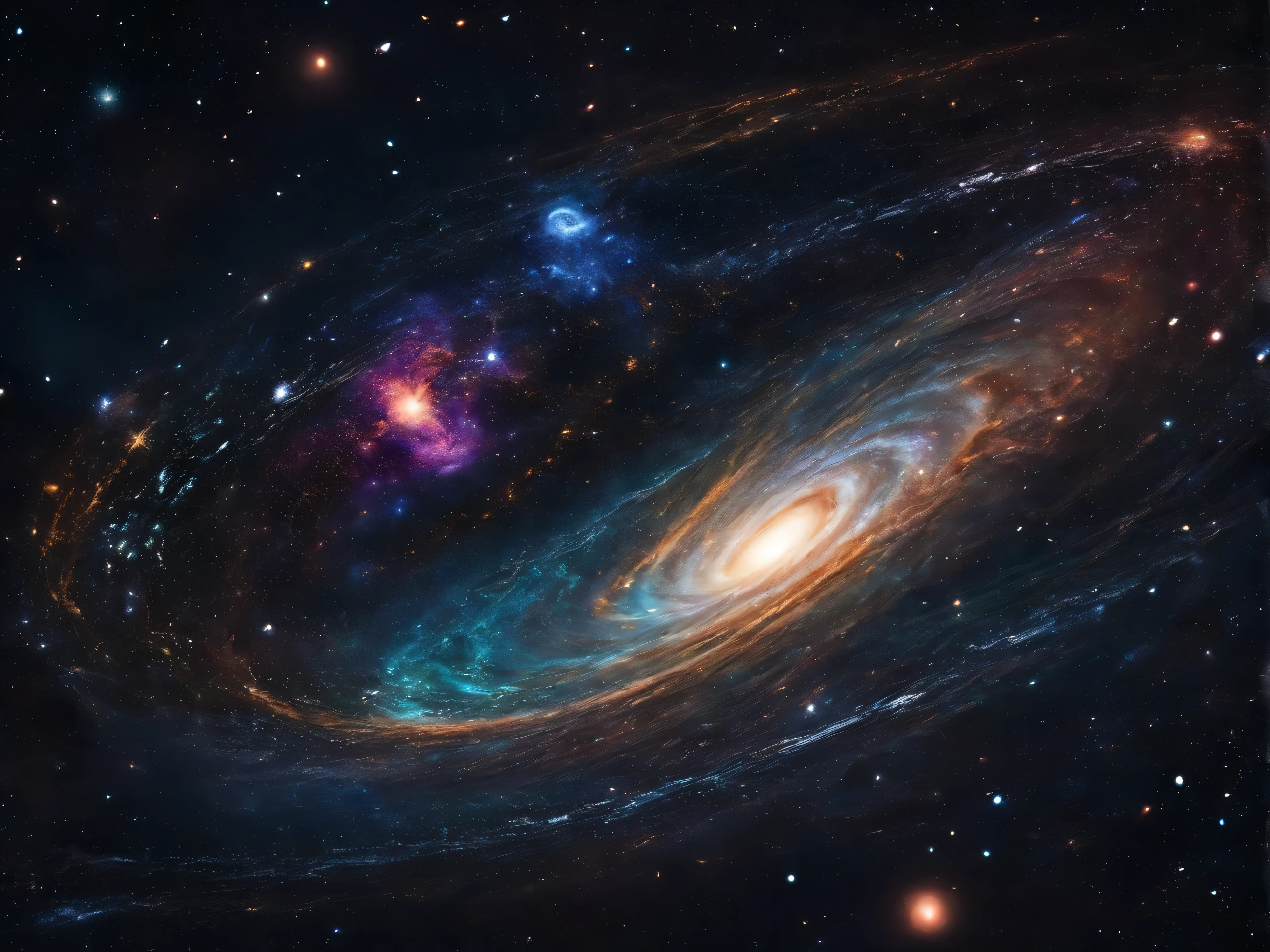 Detailed image of a galaxy, very detailed, mostly black, punctuated by colour, spiral galaxy, lots of stars