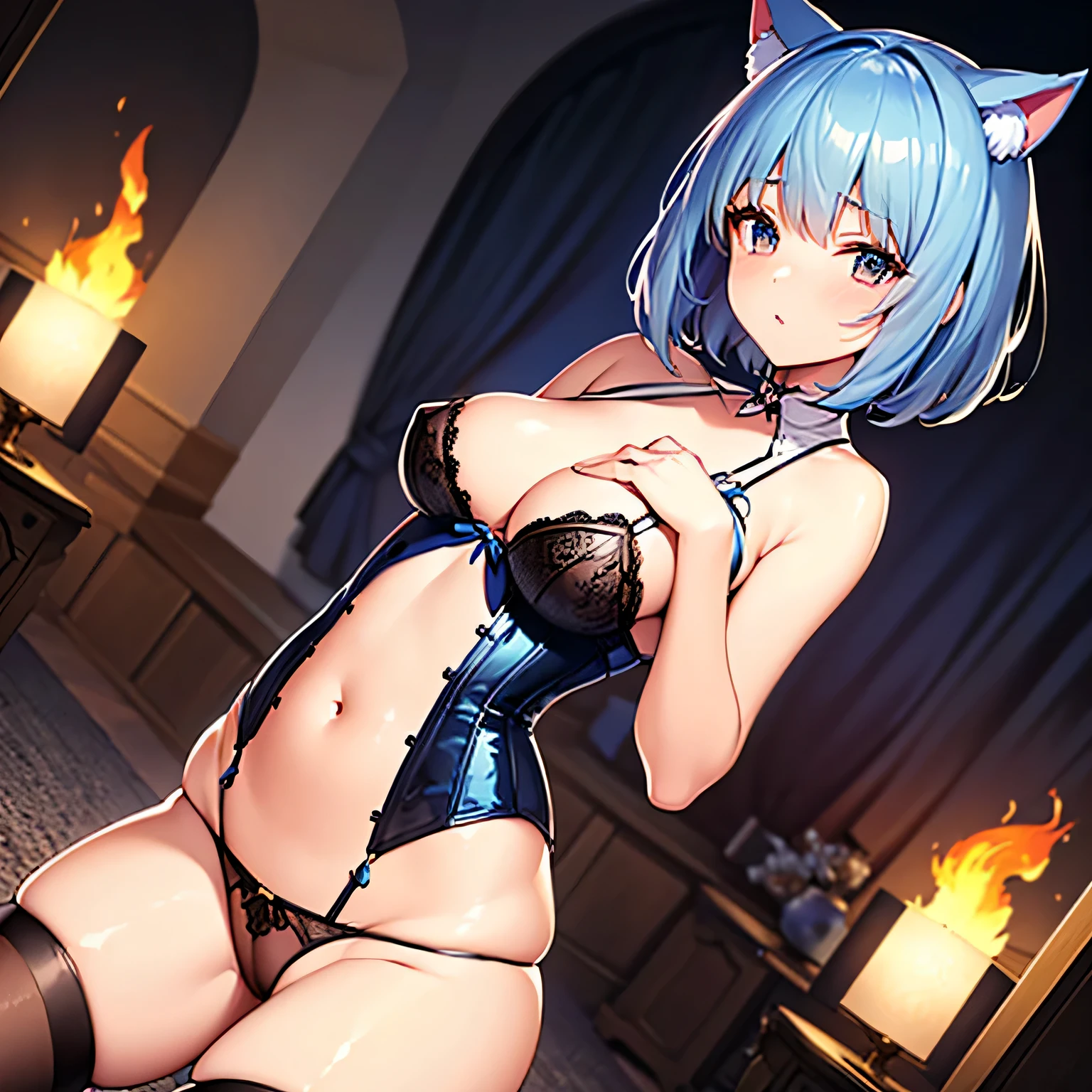 Intricate details: "((a sexy animated lady poses in revealing translucent clothes while in fire-lit fantasy setting, firm breasts, 1girl 18 years old, 100% see through all clothes, animal ears, short hair, see through panties, flat stomach, black panties, 100% see through all underwear, cat ears, looking at viewer, thighhighs, cleavage, corset, blue hair, string panties, 70% nude, random low angle))"