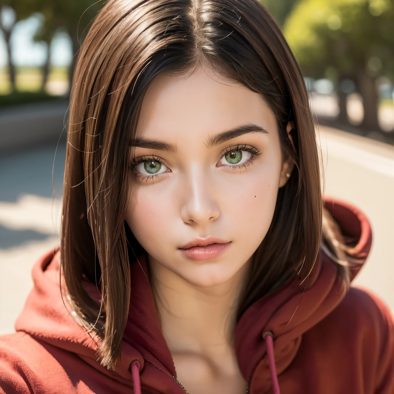 Young girl of 20 years posing for a photo on a bench, pelirroja lacia, piel blanca, cintura delgada, caderas anchas, con pelo largo y ondulado de color rojo, pecas, facciones europeas, Rostros detallado: 1.1, (Rasgos faciales detallados), Ojos verdes, parque, con ropa de gimnasia, alto detalle, alto detalle y escote profundo, detalle alto de la piel, UHD, 4k, realista, dulce mirada, Foto completa Tomada con Canon EOS R5, lente de 50 mm, f/2.8, HDR.
