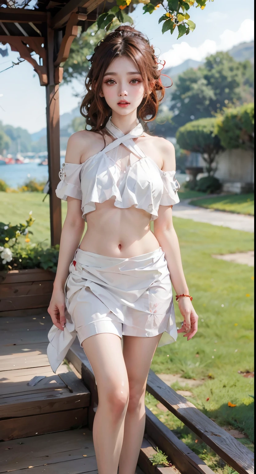 (masterpiece, best quality), pale skin, (baby face), Island beach background, (Purely off-the-shoulder, Short transparent top, high waist skirt, tight mini skirt:1.3), (Skinny Thighs:1.9, Yao Liu, weight loss, long legs, thin legs:1.9), blonde hair, (huge , lift your hips, straight legs), Show belly button, (Wide thigh clearance:1.6, wide gap between thighs:1.6), whole body forward, Nipple protrusion, pink breast bulge, Camel toe bump, (Facing age Barbara Palvin)