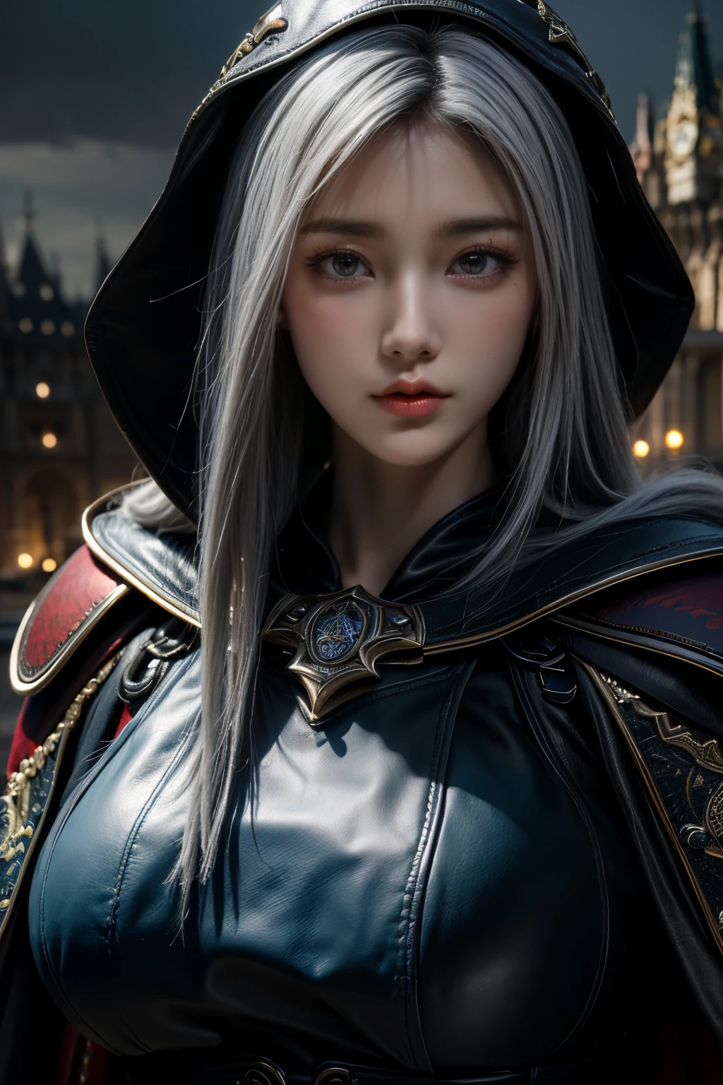 tmasterpiece,Best quality at best,A high resolution,8K,((Portrait)),(Head close-up),Original photo,real photograph,digital photography,(Female adventurers in the medieval fantasy style),(Female medieval adventurers),25 years old woman,(Inky blue gradation of hair),Short white hair,red eyes,(White and gray gradient long hair,The white),(Big breasts),An extravagant ornament,cparted lips,Keep your mouth shuegant and charming,((Frown)),Serious and arrogant,Calm and handsome,(Medieval leather in a fantastic style,Joint Armor,Cloak,Animal Skin Armor,Coat),Photo pose,medieval characteredieval fantasy style,City background at night,oc render reflection texture