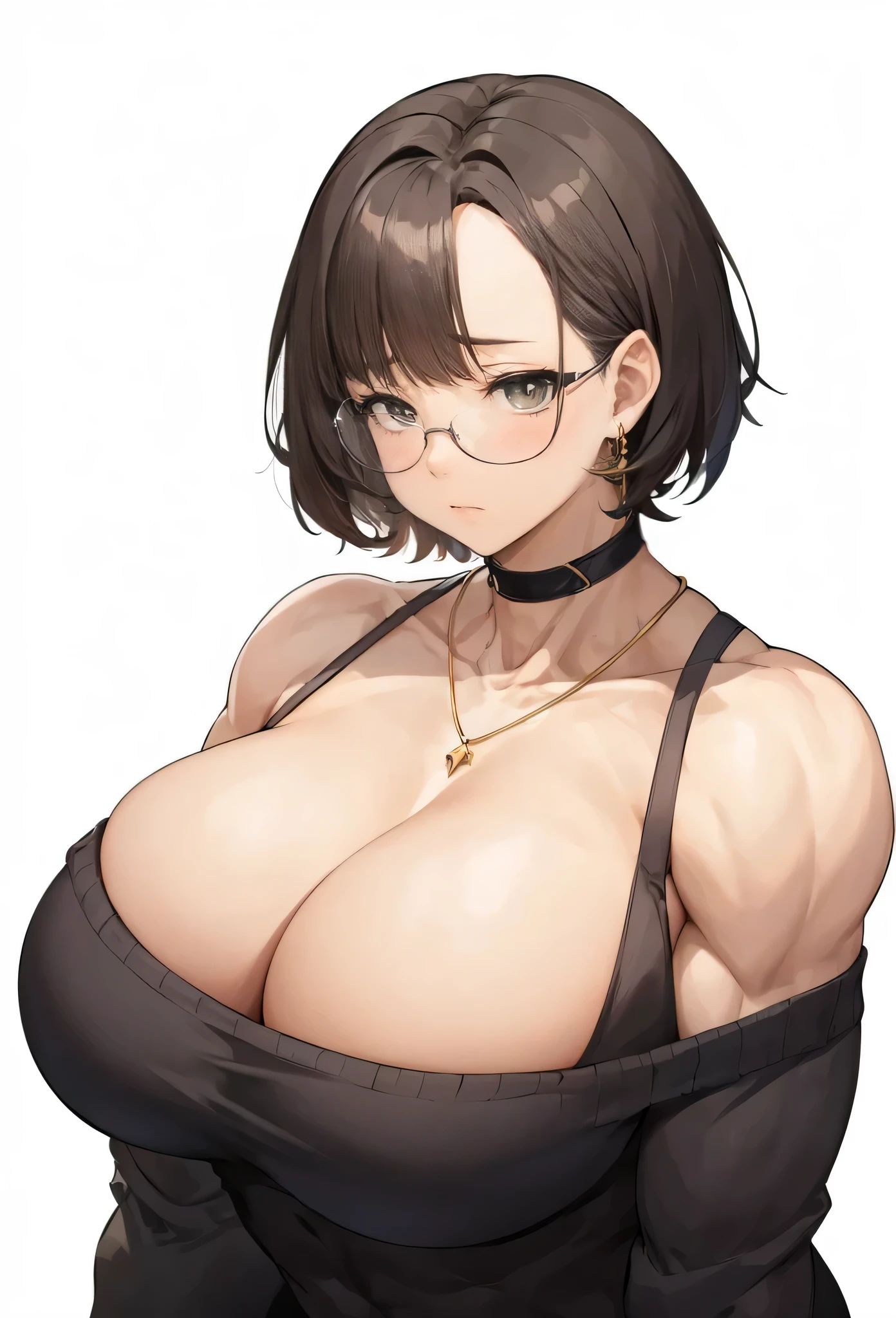 1 girl,(masterpiece) ,fair, muscular shoulders,muscular girl,Glasses, Alternative muscle size,,chest muscles, off shoulder sweater, biceps,Upper body