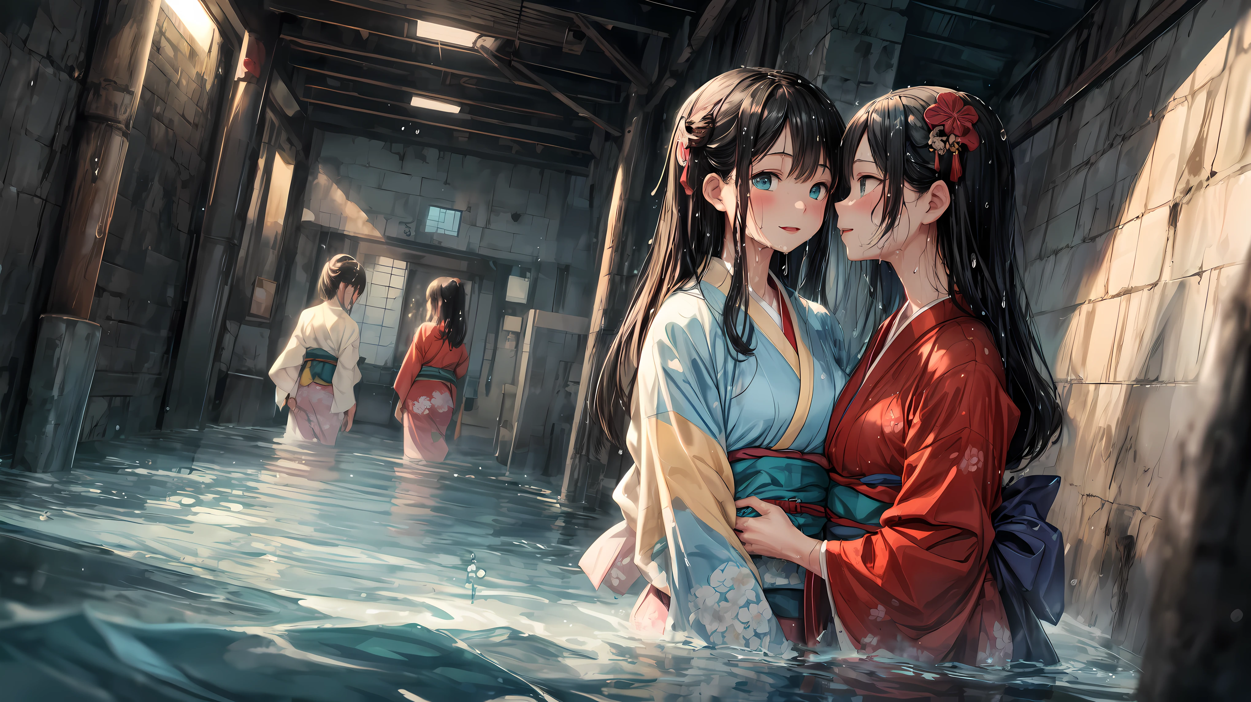 super quality, High resolution, intricate details, panoramic, Dutch Cape, (2 little girls) wear (Flower kimono), cotton kimono, (Red and cyan kimono:1.15), (Very big kimono, Yamato clothing sleeves, best cotton texture, Best Wrinkles on a Kimono), (Yuri, lesbian), (deep kiss:1.2), whole body, beautiful eyes, (Partially submerged:1.1),Part of the kimono in the water, (squirt, water column:1.1) (wet, very wet kimono, wet body, wet long black hair, wet kimono sleeve, wet kimono drees, wet skin:1.1), (clear mucus wrap, water droplets), immerse in water, Poignant and poignant, Smiling in despair, smile in sadness, Keep your mouth shut, (Beautiful and delicate water:1.1), (dark dungeon, 黑暗潮wet水牢, hermetic space:1.15), (a), dark light, light source, (An atmosphere of despair:1.15), (water mist), Inspired by the manga of Itcho Hanaya, pixiv contest winners, Ukiyo-e, Ukiyo-e art style, Ukiyo-e style, Japanese art style, Japanese illustrator,