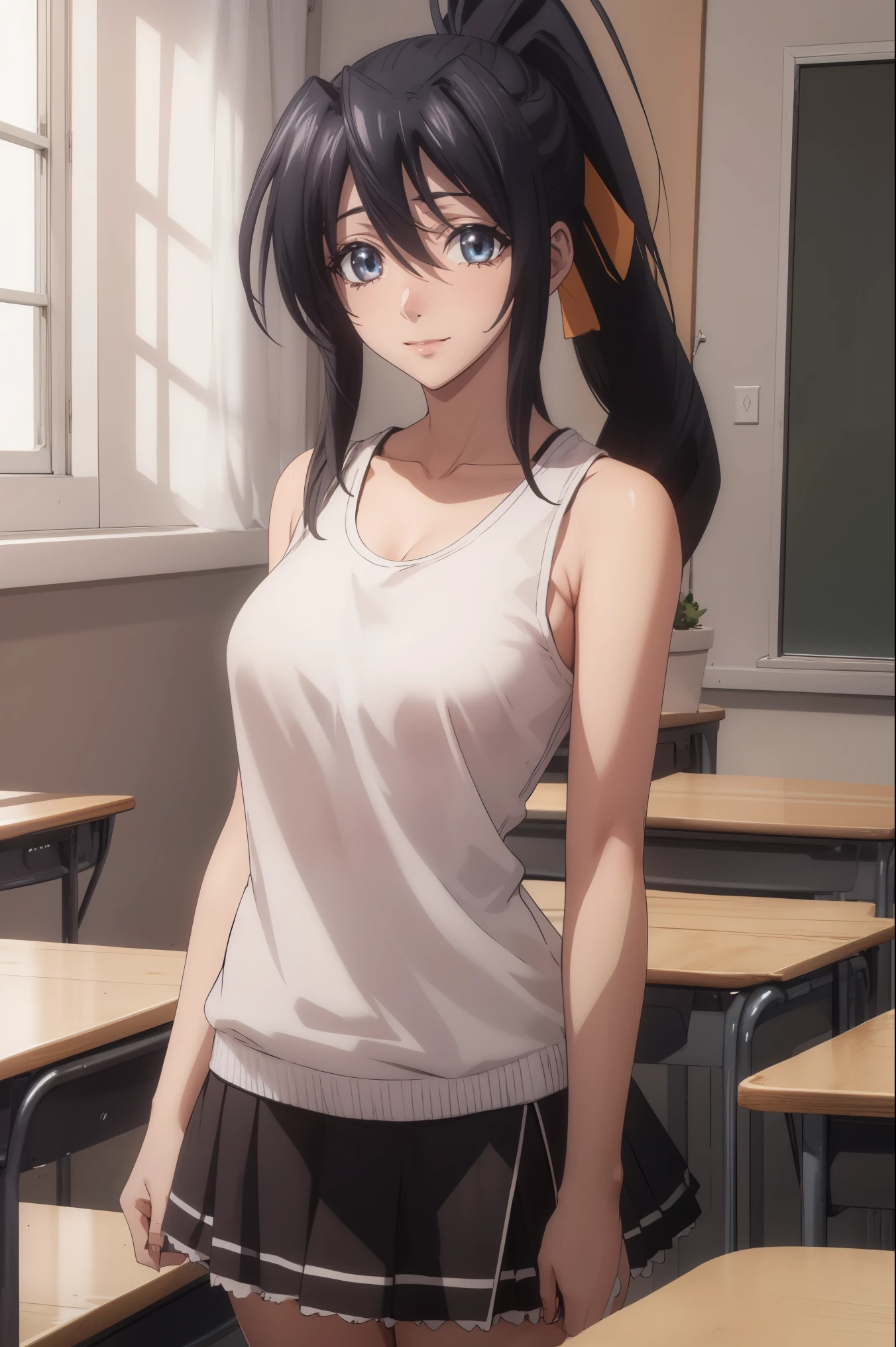 Akeno Himejima,eft_dxd_akeno,16 HD, ponytail,
BREAK (white tank top, black miniskirt:1.2)
BREAK indoors, classroom,
BREAK cowboy shot, light smile, arm behind back,
BREAK (masterpiece:1.2), best quality, high resolution, unity 8k wallpaper, (illustration:0.8), (beautiful detailed eyes:1.6), extremely detailed face, perfect lighting, extremely detailed CG, (perfect hands, perfect anatomy),