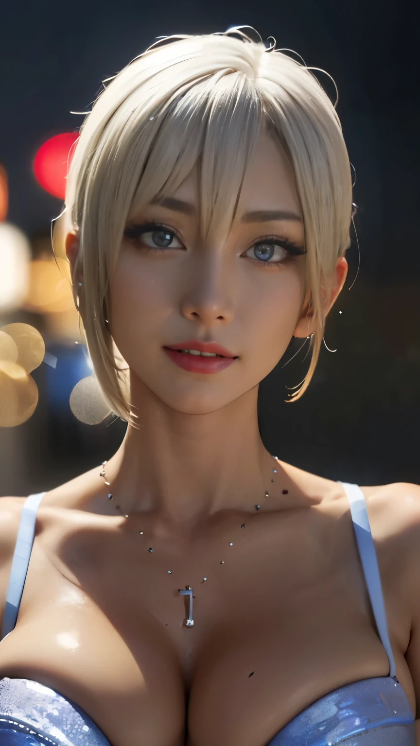 A short blonde haired sweden girl, bob cut, bang, blue eyes, , young, pale skin, wearing a white silky dress, feeling anxiety, sad, sweaty, Ultra high res, uhd, (photorealistic:1.4), close up, doll-like face, in a dark room dramatic lighting, playing guitar, guitar, electric guitar