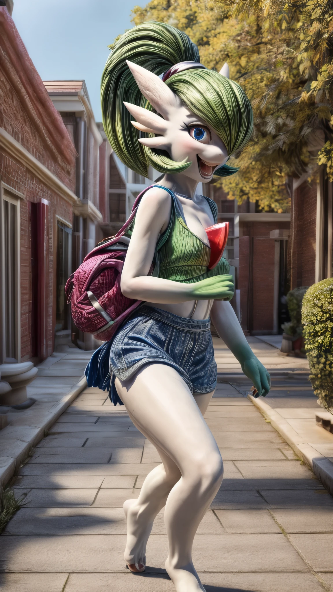 (best quality,4k,8k,highres,masterpiece:1.2),ultra-detailed, Gardevoir as a College Girl walking around college campus, strutting her stuff, Smiling and laughing, Flirting with the viewer, Pokémon, Pokémon (game), game freak, nintendo, (porcelain skin), blue eyes, (hair green), (messy hair in a ponytail), Pokeball purse, HDR, 8k, absurdres, cinestill 800, sharp focus, add_detail:3 (solo woman) Tenchan