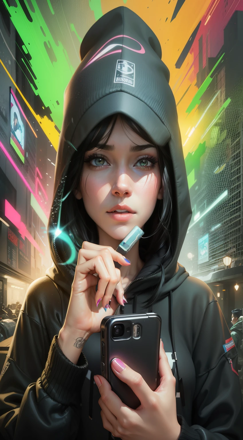 painting of a woman in a new england hoodie holding a cell phone, digital art style, beautiful digital artwork, airbrush digital art, realistic digital art 4 k, realistic digital art 4k, painting by android jones, urban girl fanart, in style of digital illustration, epic portrait illustration, black haired girl wearing hoodie, profile pic, rossdraws 2. 0