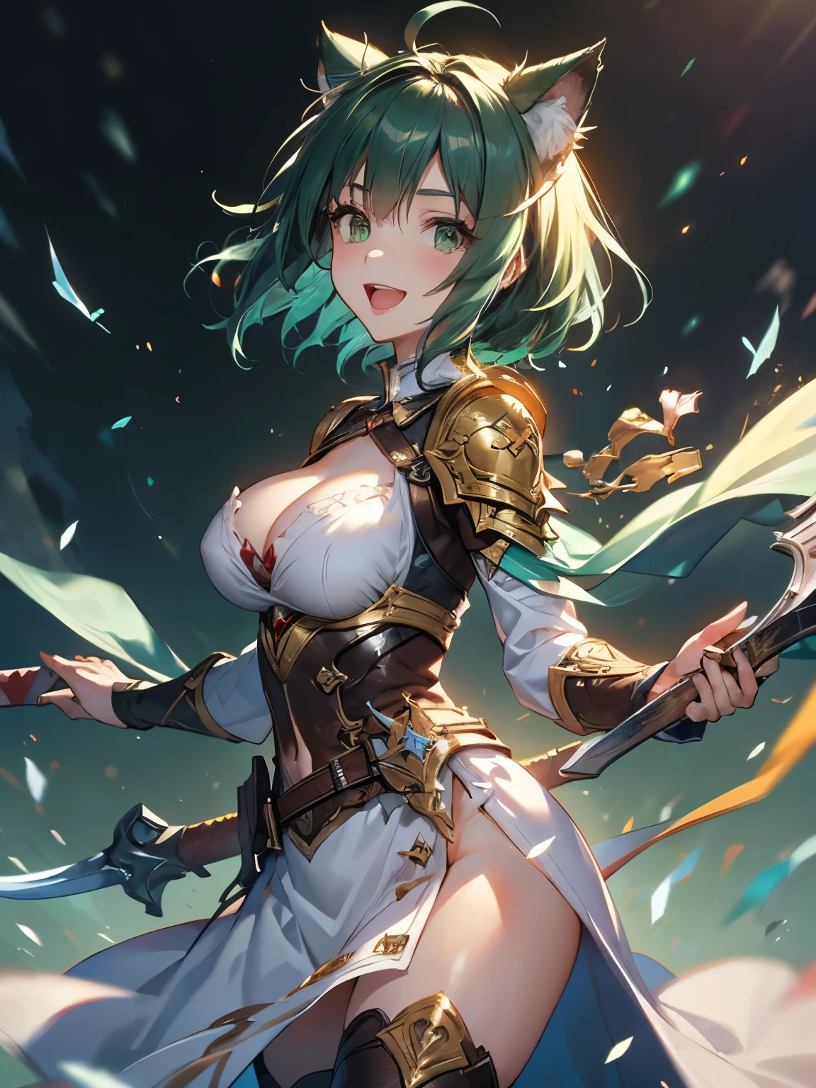 highest quality,wonderful,masterpiece,delicate,ultra high resolution,Super detailed,intricate details,beautiful,8K resolution,(Highly detailed CG Unity 8K wallpaper),sharp focus、anime、fiction、one woman、dark green hair girl 、Metallic colored hair、short hair、Cat ear、big breasts、vivid hair、shaggy hair、messy hair、vivid skin、Glossy skin、 face、ta、short、cute、beautiful eyes、happiness、Pleasure、smile、warrior armor、ax、machete、Green magic、Uplifting、Feeling of running、A large number of swords are pointing sideways in the air.、