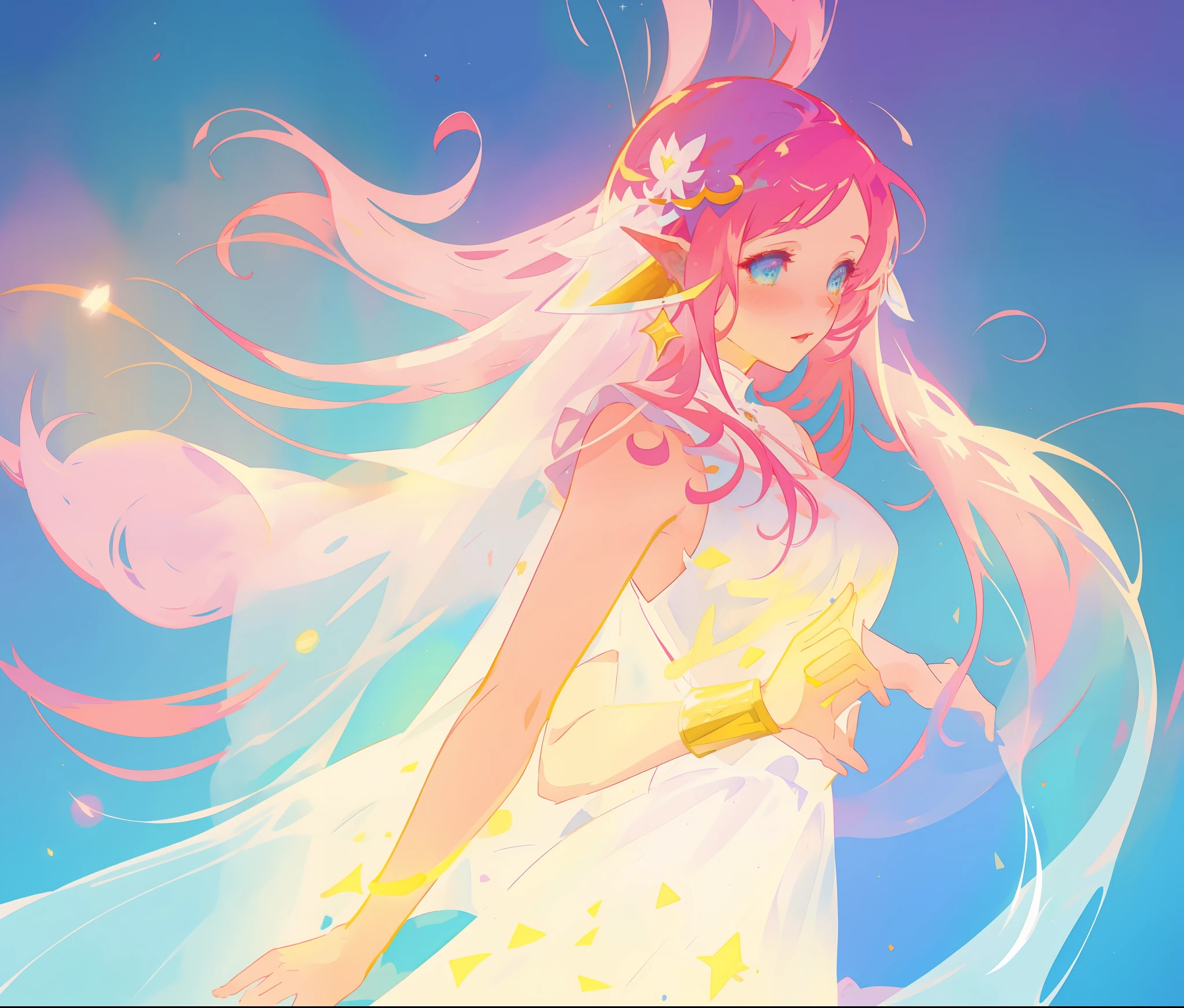 beautiful girl in white arabian two-piece dress, (arabian princess), (arabian dancer), (fantasy arabian dress), long colorful sparkling pink hair, watercolor illustration, Lois van Baarle, glowing aura around her, Glen Keane, jen bartel, glowing hair, beautiful digital illustration, fantasia background, beautiful, masterpiece, best quality, anime disney style, (detailed eyes), golden ratio, perfect composition