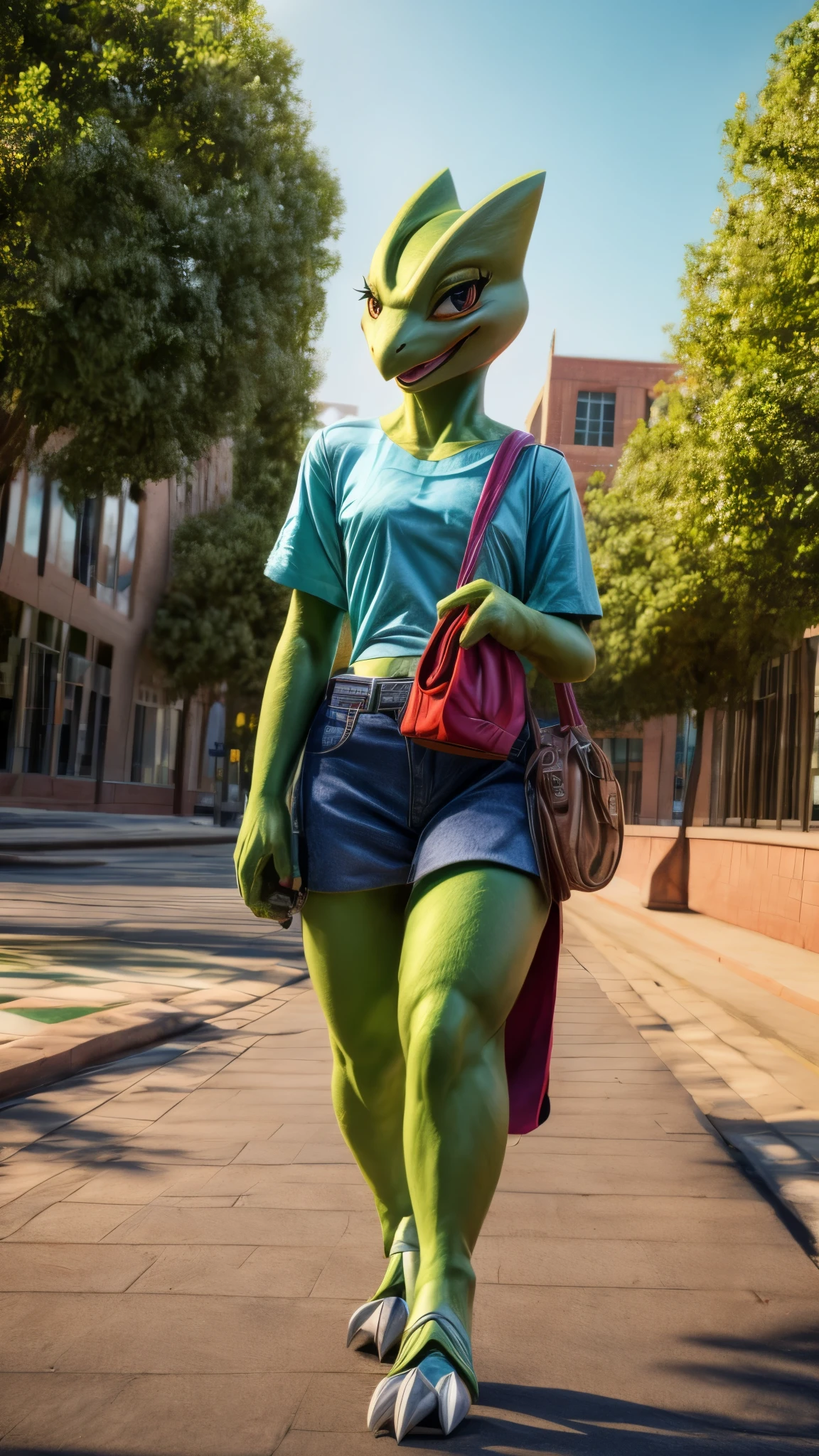 (best quality,4k,8k,highres,masterpiece:1.2),ultra-detailed, Sceptile as a College Girl walking around college campus, strutting her stuff, Smiling and laughing, Flirting with the viewer, Pokémon, Pokémon (game), game freak, nintendo, pokeball purse, HDR, 8k, absurdres, cinestill 800, sharp focus, add_detail:3 (solo woman) AIKA