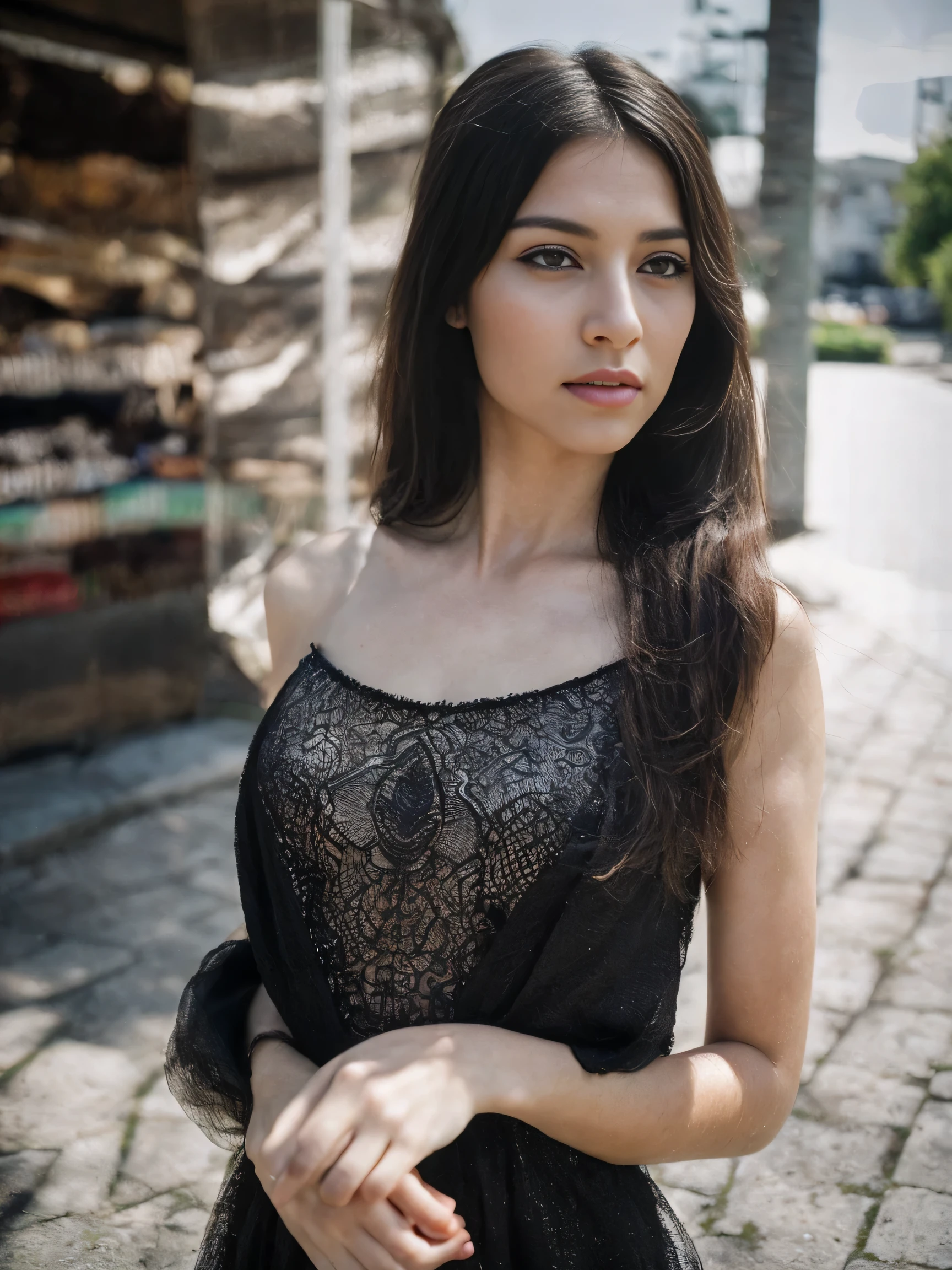 (Hyper-Realistic), (RAW Photography), ((best quality)), ((masterpiece)), (detailed), perfect face epiCRealLife, (8k, highest quality, ultra detailed:1.37), analog style, model photography style, RAW, Photo of a beautiful girl, Mexican greek, brunette, brunette hair, long straight hair, fair white skin, sexy pose, full body, no tattoos, intricate details, flawless face, naughty, WEARING A BEAUTIFUL dark DRESS, full body, ((photorealistic):1.2), raw. OUTDOORS