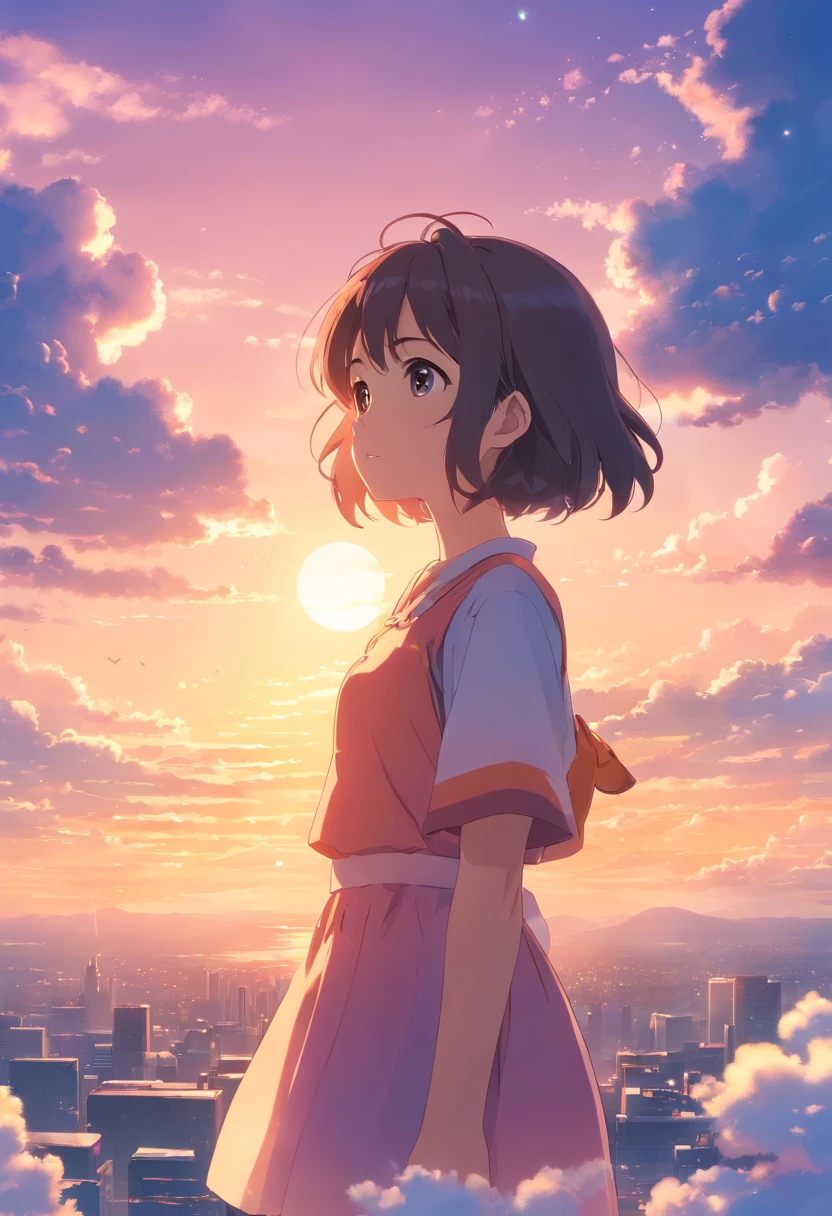 Masterpiece、top quality、movie stills、1 girl、cloud girl、floating in the sky、close up、glow、happiness、Warm and soft lighting、sunset、(spark:0.7)kawaii,Lovely,Japanese cartoons, sweat ,halloween , lots of candies,Macaron,Heart