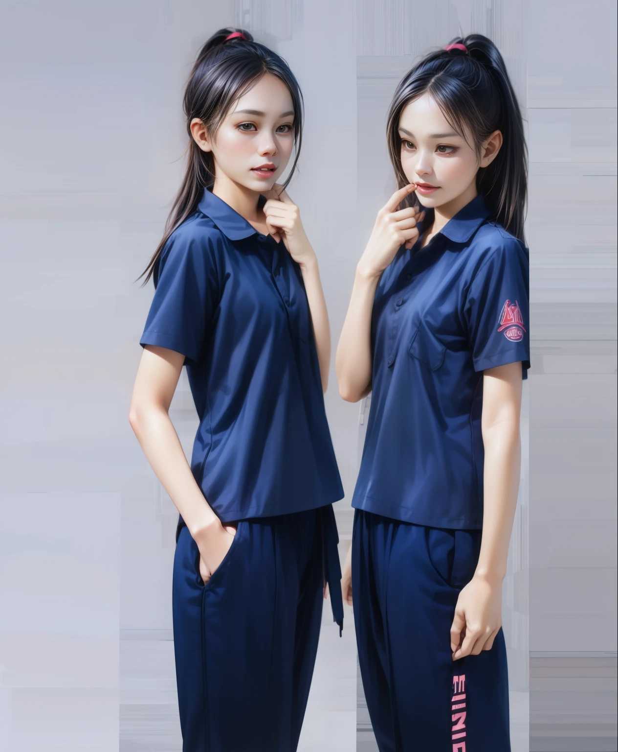 (best quality,10,10,height,Masterpiece:1.2),Special details,(realistic,ภาพrealistic,Realistic photos:1.37),1 Cute girl in the kitchen,shiny, ผิวshiny,only,smile softly,BDclothelue shirt:1.3)),short sleeve,shirt, กางเกงขาlong.,(navy_long_track pants:1.1), ((Kitchen Background)),Dynamic angle,excited,Face focus,dynamic poses,from behind,focus on ass,Masterpiece, best quality, ultra realistic, Too many details, 8k resolution, raw photos, Sharp focus, ((Navy blue shirt:1.1)), short sleeve, เส้นทางlong, perfect body, 2 mature women, 18 years old, Cinema-grade lighting system,blue sweatpants,shirtผ้าออกกำลังกาย,correct anatomy,perfect body, correct body, Sharp face, correct bodyทางกายวิภาค, full body, realistic gestures, long-haired, realistic poses,Wear long shorts...........................,ช่วงขาlong,Good shape,carved girl, Slender figure, model, Good shape, beautiful body,blue sweatpants, two girls kissing