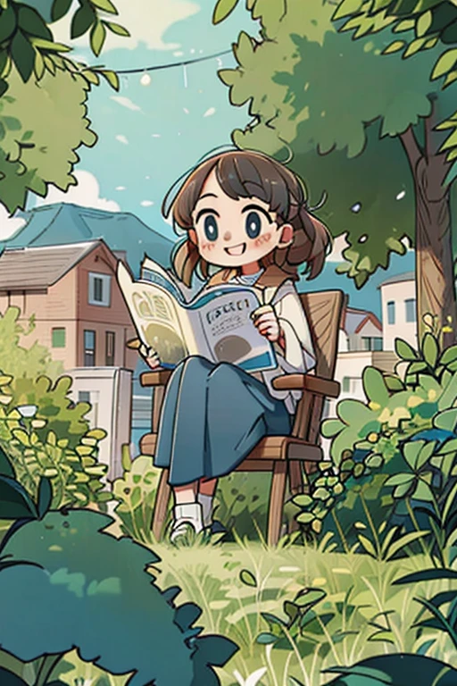 (((masterpiece))),best quality,girl,smile,outdoor,brown hair,blue eyes,town,reading a paper,