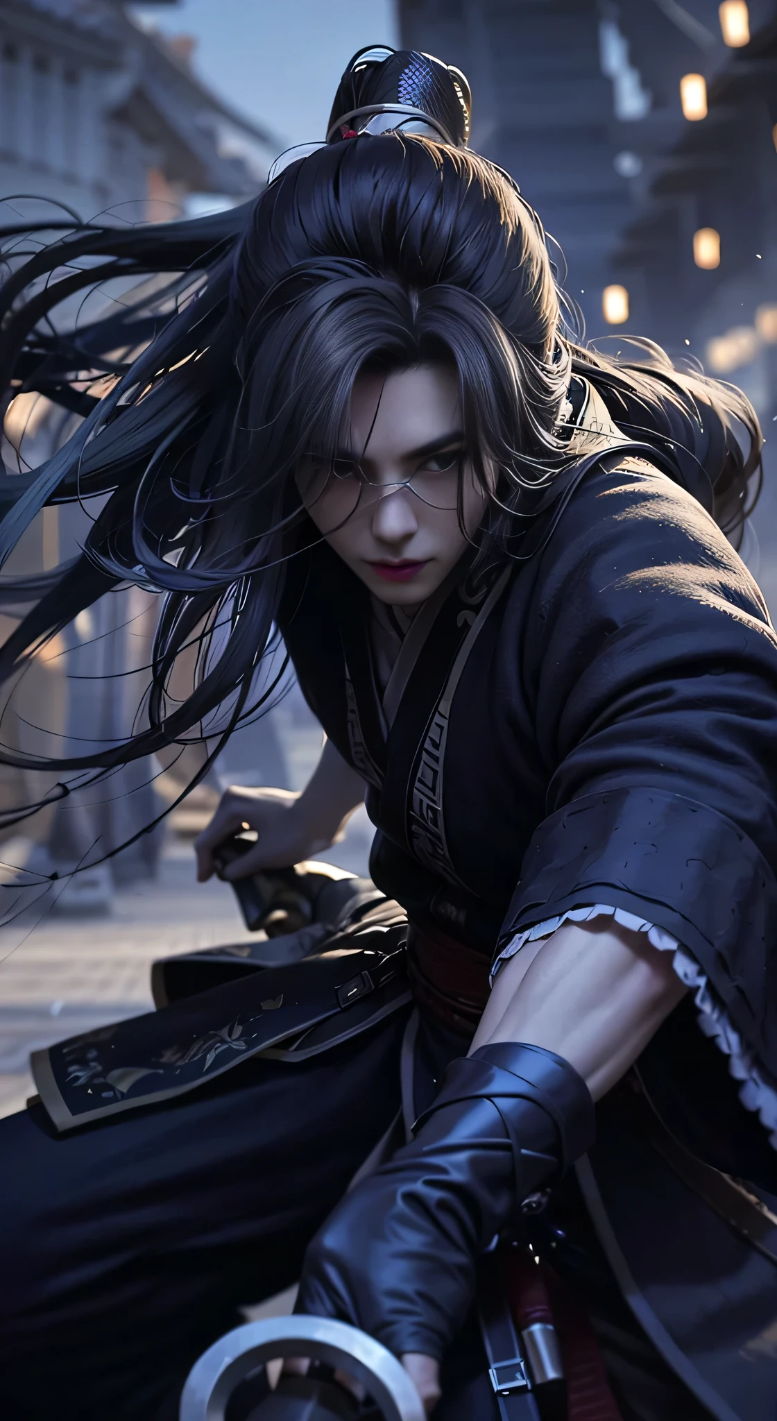 a warrior，long hair，hanfu，robe，sword，Handsome face shape，extremely realistic：1.2，male