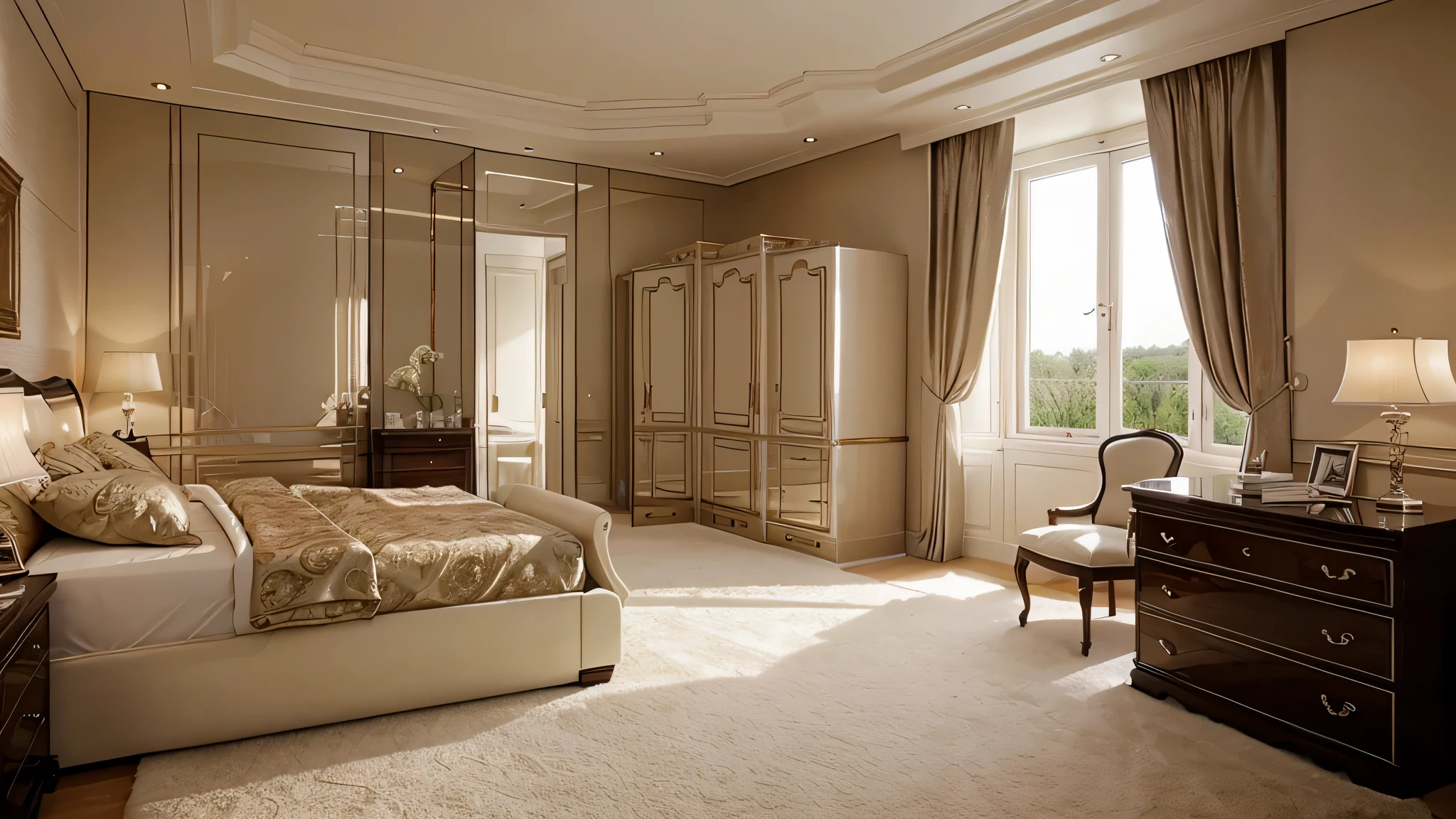 Creamy room,There is a bed,There is a quilt and pillow on it,carpet, Peaceful bedroom environment, Sunlight,White wall,interior design photography,Clean environment,Bedroom Interior, award winning interior design, furniture photography, Beige atmosphere, Rich lighting, Interior photography