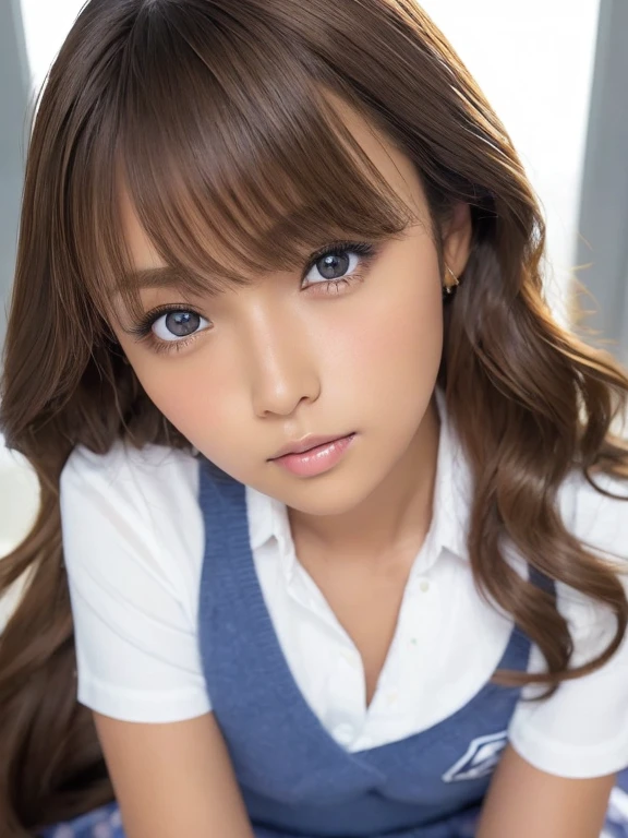 (table top:1.4, Photoreal:1.4, 8K), highest quality, masterpiece, ultra high resolution, perfect dynamic composition, big face、round face、((light brown hair:1.4、long curly hair,))、Highly detailed skin and facial textures:1.3, Detail of limbs, 1 girl, Cute sexy 22 year old woman, (tanned skin:1.4), tilt one's head, ((completely enchants you:0.9)), ((school uniform、chuck pattern mini skirt)),Medium chest, (look away、beautiful eyes, blue eyes、Eyes that feel beautiful eros:0.85), sexy face:0.4, (closed mouth、small mouth、thick lips、A taste of beautiful eroticism:0.85), ((Too cute beauty:0.9))、gal makeup、((extreme close up))