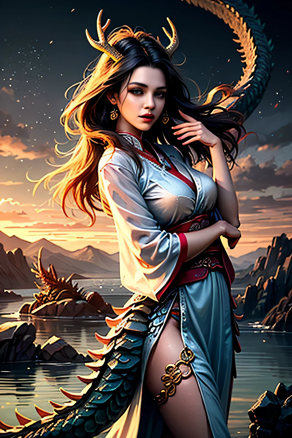 Beautiful in Hanfu with lake in background, girl standing with cyan Chinese dragon, (Dragon: 1.4), Dragon Facing Lens, (Realistic, Photo Realistic: 1.3), Extremely Delicate and Beautiful, Amazing, Fine Detail, (Best Illustration), (Best Shadow), Intricate, Behind a Cyan Chinese Dragon (Dragon: 1.4), Water Surrounding, Lake Water in Background, Black Mountains, Trees, Wind, Long Wavy Body, Fangs, Fantasy, Mythology, High Quality, Highly Detailed, Epic, Particle Effects, Dynamic Effects, Surround), Clouds, Sunset, Sharp Focus, Volumetric Fog, 8K Ultra HD, DSLR, High quality, (Film grain: 1.4), Fujifilm XT3,Official Art, Unity 8K wallpaper, Super detailed, Beautiful and beautiful, Best quality, (Tangled, entangled), (Fractal Art: 1.4), 1 girl, Chinese, gorgeous hanfu skirt, calf, navel, very detailed, dynamic angle, denim lenost beautiful chaotic shape), flowing, (bright colors), OC, (half: 1.2), china, (tape: 1.3), (dream: 1.5), (Hanfu: 1.5), (Smile: 0.5), (Chinese God 1.3), Complex, Ultra Detailed, (Skin Dents), Female, Detailed Body, (Detailed Face: 1.1), (Contour Iris), (Watercolor Lenses), (Perfect Eyes), Gorgeouasterpiece: 1.2), (Best Quality: 1.2), Wide Buttocks, Thick Thighs, (Big Tits: 1.2) and (Big Breasts: 1.2), Detailed Background, Cinematic Light, Best Shadow, Cute Detail Face, Dramatic Light, Intricate details, flowing long hair, ethereal light, wide angle, solo, full body, colorful, flame, charming, enchanting, mature woman, thin waist, gorgeous goddess, Buddha-figure, absurd long hair, pale gold eyes, looking at the audience, delicate pattern, precious stone, gold, diamond, fine feathers, volumetric light, holiness, backlight, opposite, girl with antler decoration on her head, girl with black hair, hair bobbles, wince, longeyelashes, solid circle eyes, fake animal ears, light smile, ear blush, fang, China Dragon, Take a photo with the Chinese dragon, Behind the girl stood a Chinese dragon, There are splashing scenes, water bloom, The picture has tensio