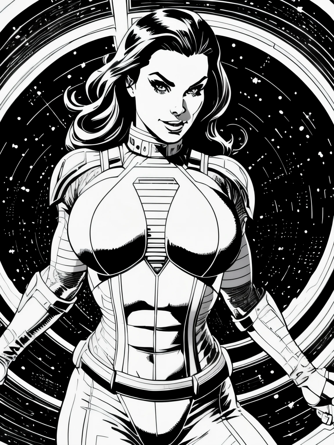 Alison Tyler in comic book panel, lineart illustration , sharp eyes focus , athletic body, alone, ((woman in space armor )), (((ultra realistic detailed eyes))), intricate eye details, cute smile, sweaty , model shoot pose, ultra skin texture, ((ultra skin details)), skin imperfections, intricate details, ( in dark sci-fi space ship ), long black hair,
