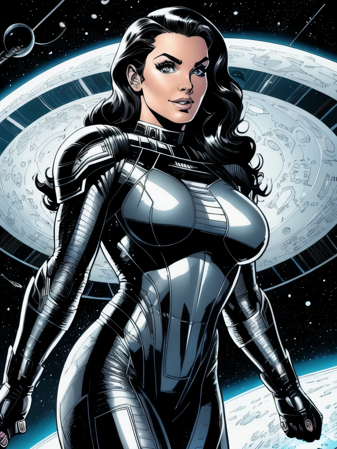 Alison Tyler in comic book panel, lineart illustration , sharp eyes focus , athletic body, alone, ((woman in space armor )), (((ultra realistic detailed eyes))), intricate eye details, cute smile, sweaty , model shoot pose, ultra skin texture, ((ultra skin details)), skin imperfections, intricate details, ( in dark sci-fi space ship ), long black hair,