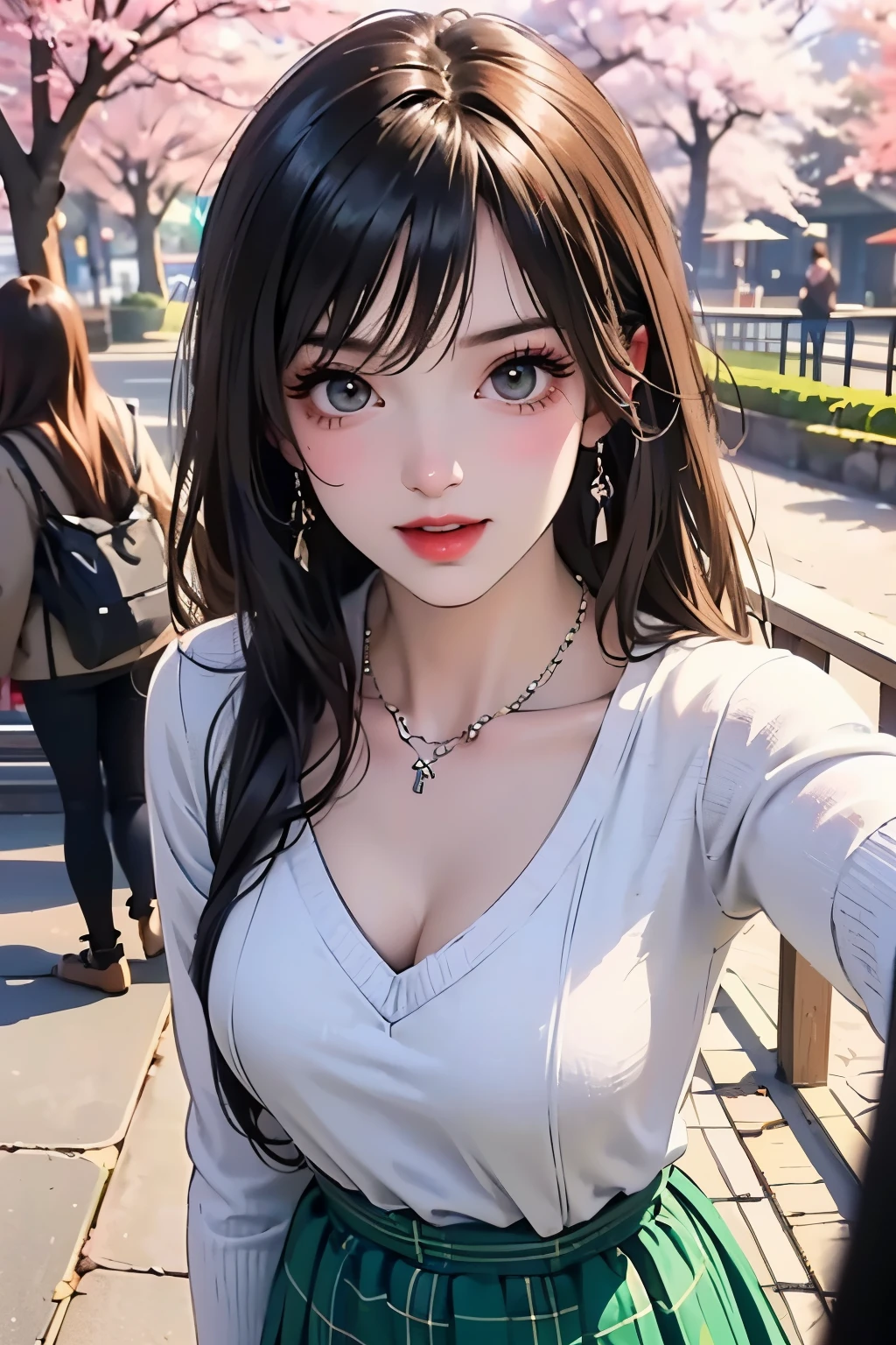 ((table top, highest quality, High resolution, nffsw, perfect pixel, written boundary depth, 4K, nffsw, nffsw))), 1 girl, single, alone, beautiful anime girl, beautiful art style, anime character, ((long hair, bangs, brown hair)), ((green eyes:1.4, round eyes, beautiful eyelashes, realistic eyes)), ((detailed face, blush:1.2)), ((smooth texture:0.75, realistic texture:0.65, realistic:1.1, Anime CG style)),  dynamic angle,  ((throw, Selfie Pose, portrait)), ((Black sweater, long sleeve, black skirt, plaid skirt, Fashionable, 1 diamond necklace)), smile,  amusement park, ((cherry blossoms, cherry blossomsの花が散る))