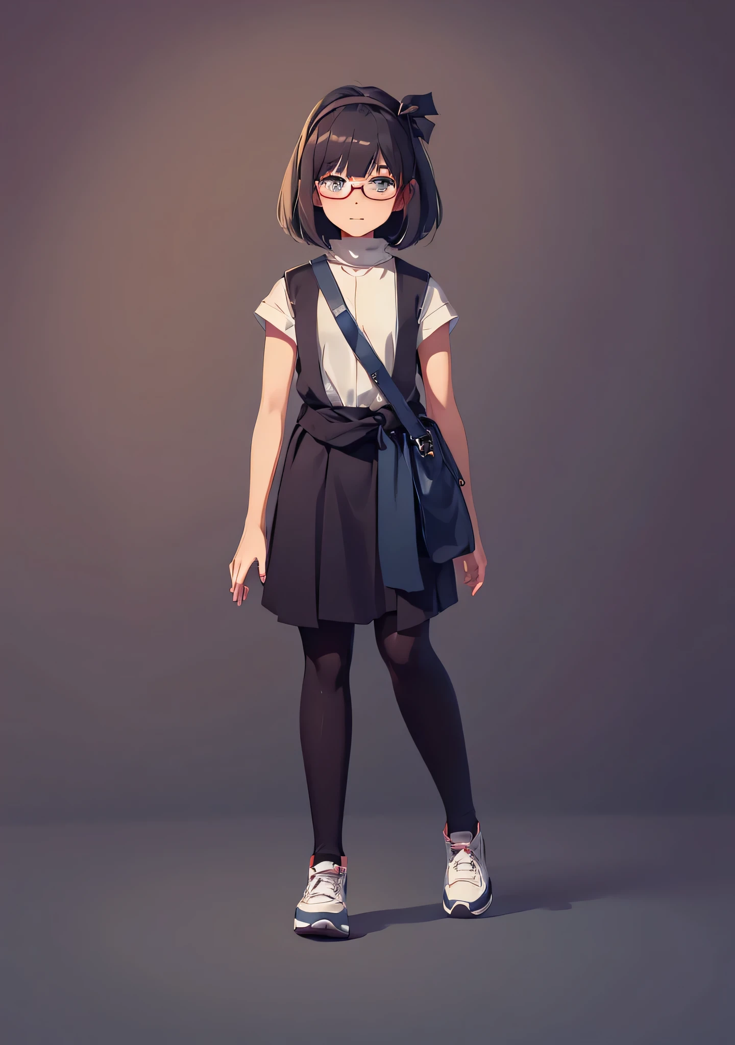 a cute young girl, ta, flat chest, casual clothes, dark short hair with bangs, glasses, ribbon headband, cardigan, turtle neck blouse, leggings, shoes, shawl belt ariund her hips, crossbody bag