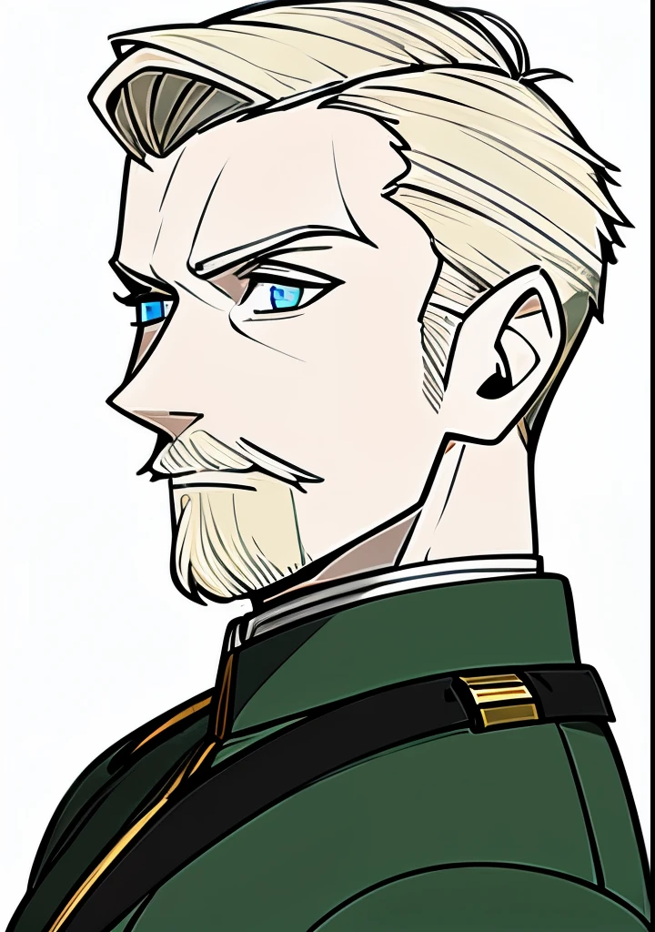 Young Adult male, white and tender skin, pale blonde slicked back combed short hair, kaisermustache and a ducktail beard, steel blue eyes, green and slightly mature, serious and emotionless facial expression,wearing world war 2 era german fatigues, portrait style, facing forwards