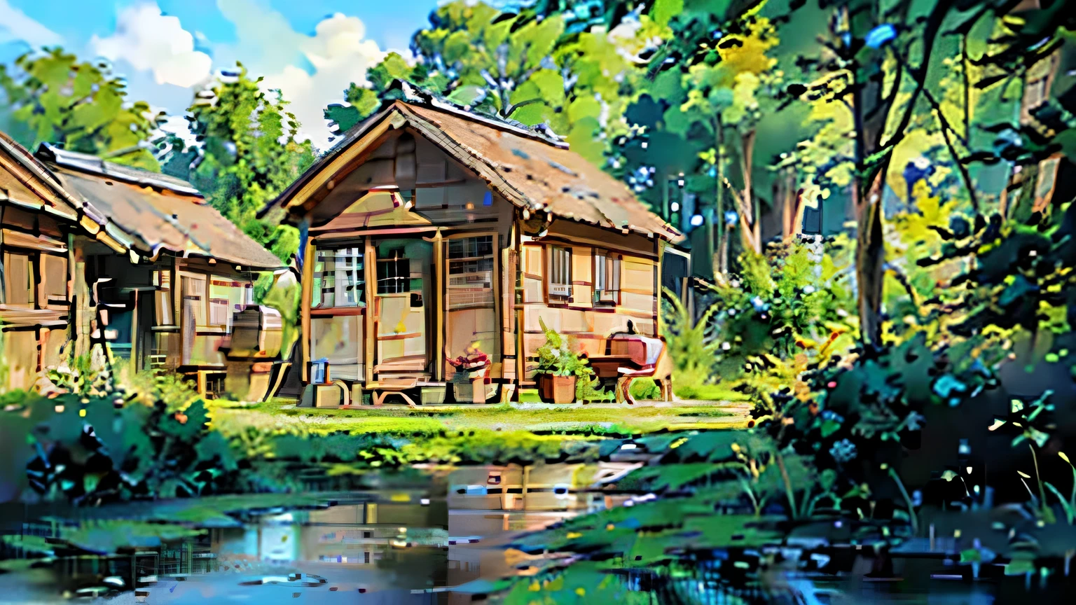 ((best quality)), ((masterpiece)), (detailed), in the forest, grass, wooden hut