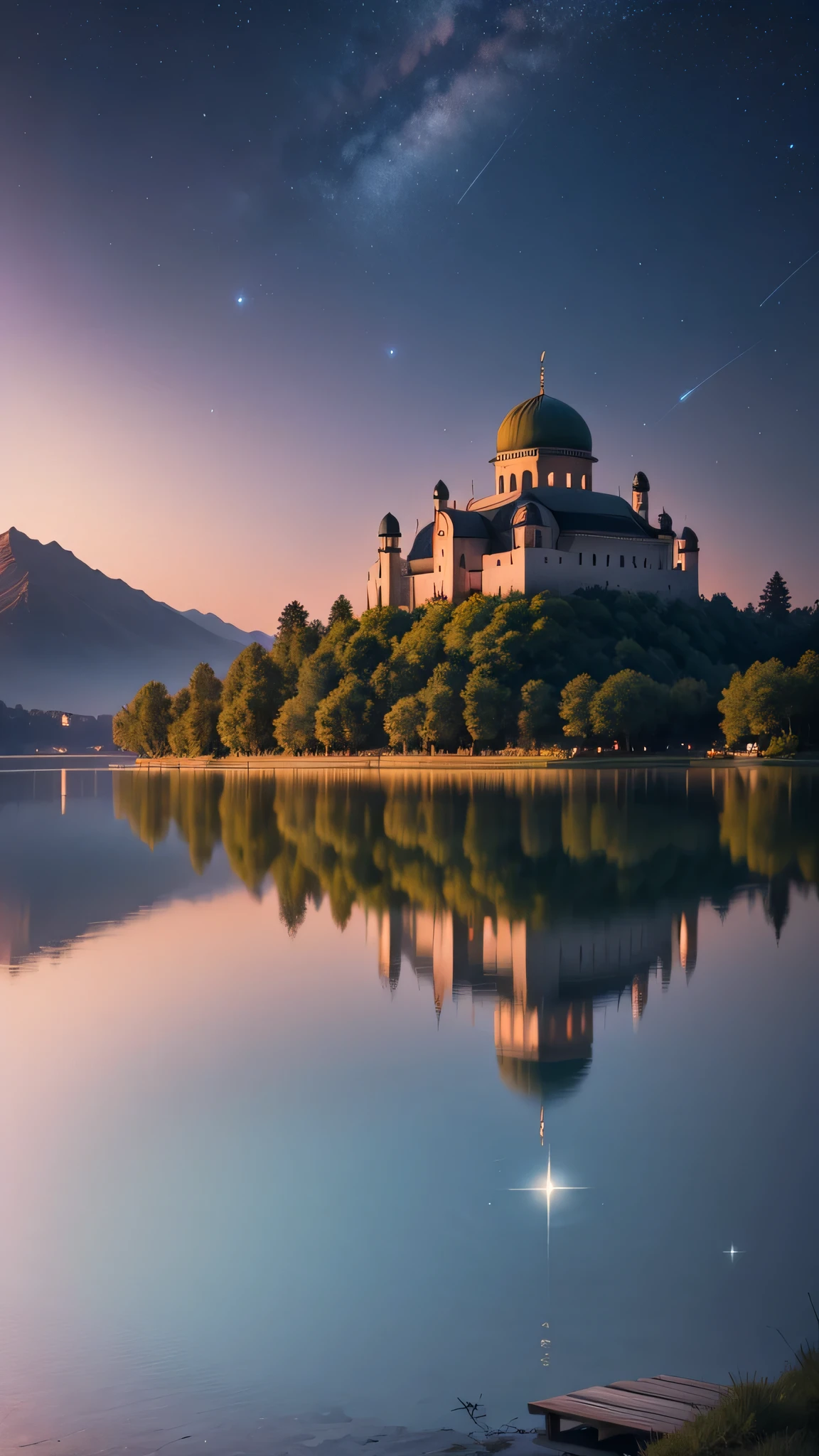 mosque on an island in the middle of a clear lake, trees on the edge of the lake and around the mosque, around the lake there are hills, with an night atmosphere, sky full of the stars, shooting stars, high resolution, super hd, far few mosuque