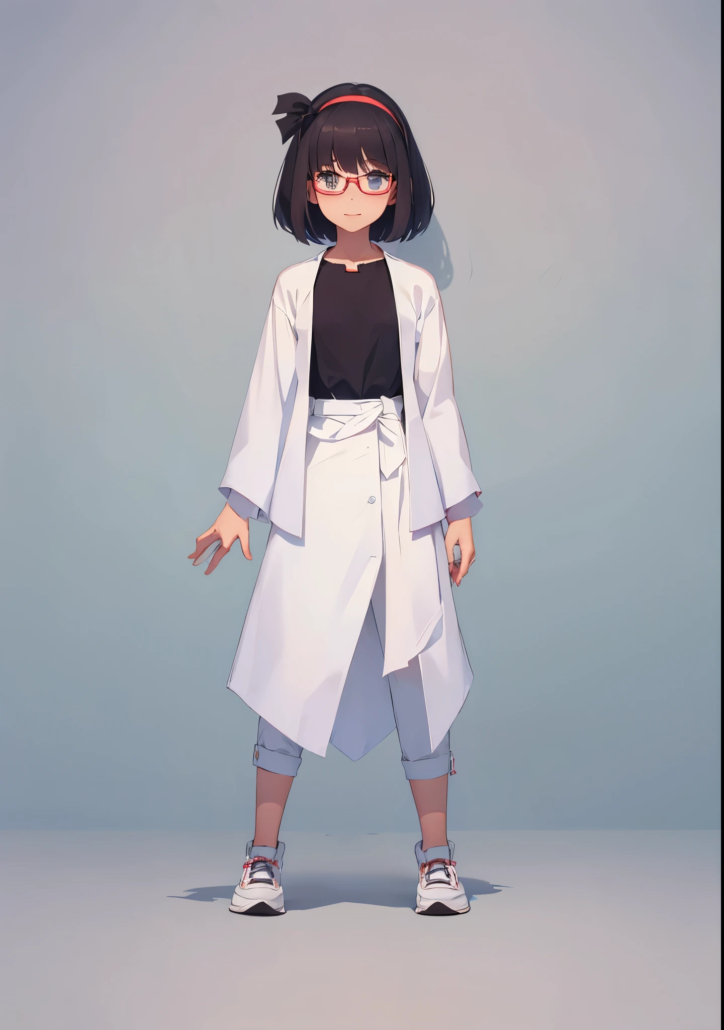 a cute young girl, ta, flat chest, dark short hair with bangs, glasses, ribbon headband, blouse, long pants, shoes, shawl belt ariund her hips