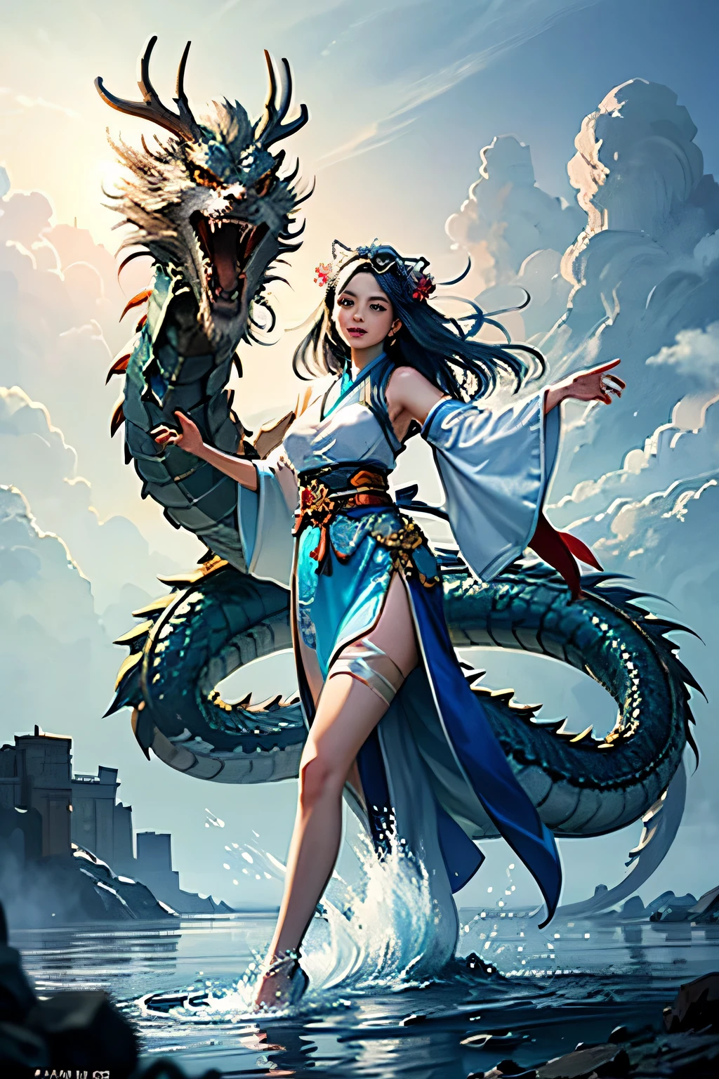 Beautiful in Hanfu with lake in background, girl standing with cyan Chinese dragon, (Dragon: 1.4), Dragon Facing Lens, (Realistic, Photo Realistic: 1.3), Extremely Delicate and Beautiful, Amazing, Fine Detail, (Best Illustration), (Best Shadow), Intricate, Behind a Cyan Chinese Dragon (Dragon: 1.4), Water Surrounding, Lake Water in Background, Black Mountains, Trees, Wind, Long Wavy Body, Fangs, Fantasy, Mythology, High Quality, Highly Detailed, Epic, Particle Effects, Dynamic Effects, Surround), Clouds, Sunset, Sharp Focus, Volumetric Fog, 8K Ultra HD, DSLR, High quality, (Film grain: 1.4), Fujifilm XT3,Official Art, Unity 8K wallpaper, Super detailed, Beautiful and beautiful, Best quality, (Tangled, entangled), (Fractal Art: 1.4), 1 girl, Chinese, gorgeous hanfu skirt, calf, navel, very detailed, dynamic angle, denim lenost beautiful chaotic shape), flowing, (bright colors), OC, (half: 1.2), china, (tape: 1.3), (dream: 1.5), (Hanfu: 1.5), (Smile: 0.5), (Chinese God 1.3), Complex, Ultra Detailed, (Skin Dents), Female, Detailed Body, (Detailed Face: 1.1), (Contour Iris), (Watercolor Lenses), (Perfect Eyes), Gorgeouasterpiece: 1.2), (Best Quality: 1.2), Wide Buttocks, Thick Thighs, (Big Tits: 1.2) and (Big Breasts: 1.2), Detailed Background, Cinematic Light, Best Shadow, Cute Detail Face, Dramatic Light, Intricate details, flowing long hair, ethereal light, wide angle, solo, full body, colorful, flame, charming, enchanting, mature woman, thin waist, gorgeous goddess, Buddha-figure, absurd long hair, pale gold eyes, looking at the audience, delicate pattern, precious stone, gold, diamond, fine feathers, volumetric light, holiness, backlight, opposite, girl with antler decoration on her head, girl with black hair, hair bobbles, wince, longeyelashes, solid circle eyes, fake animal ears, light smile, ear blush, fang, China Dragon, Take a photo with the Chinese dragon, Behind the girl stood a Chinese dragon, There are splashing scenes, water bloom, The picture has tensio