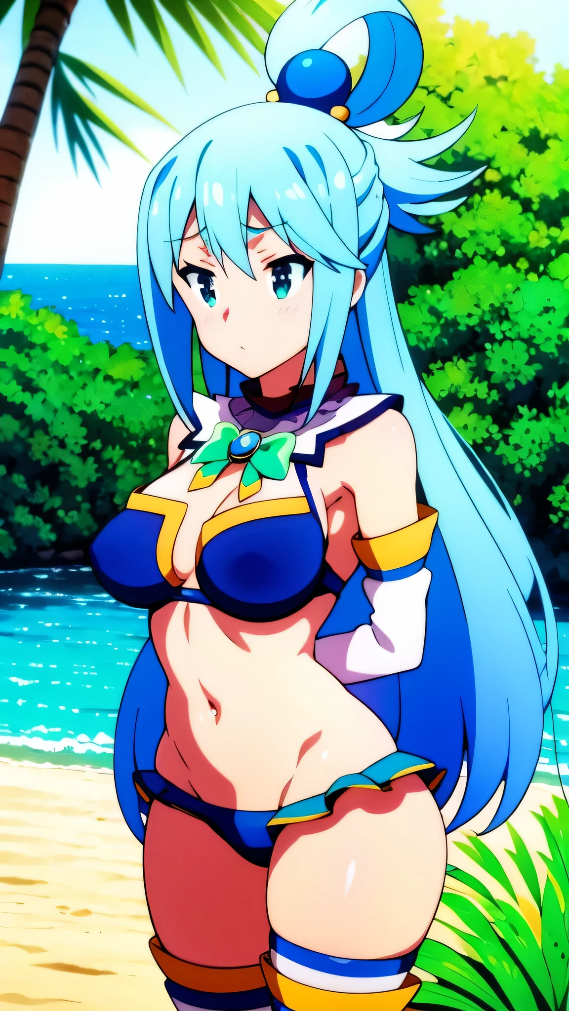 masterpiece, Best quality, 1 girl, I'm looking at the viewer, Cute, bikini, Beach, Sunbeam, ocean,"" breast(1.3), hips high(1.3), blue hips high, green eyes, Aqua \(Konosuba\), blue hair, Beautiful detailed eyes, beautiful detailed glow, A lot of glow, hands behind your head, embarrassed, strangle